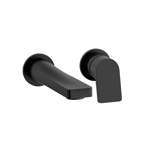 Black wall-mount lavatory faucet trim with spout and single handle control.
