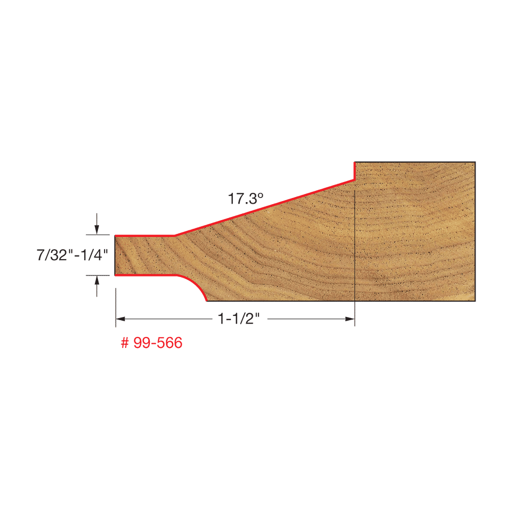 Freud 99-566 raised panel router bit with curved profile and backcutters shown in cross-section diagram.