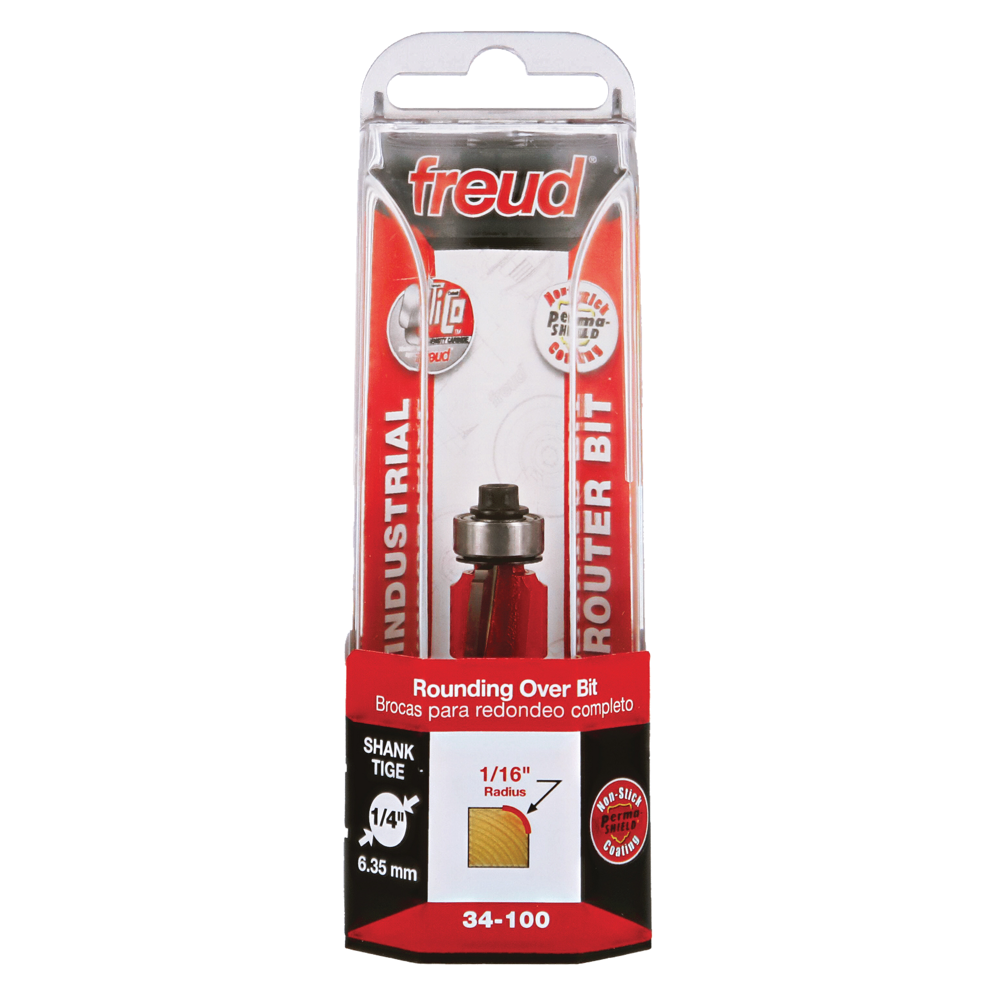 Freud 34-100 rounding over bit with 1/16" radius and 1/4" shank in red and black packaging.