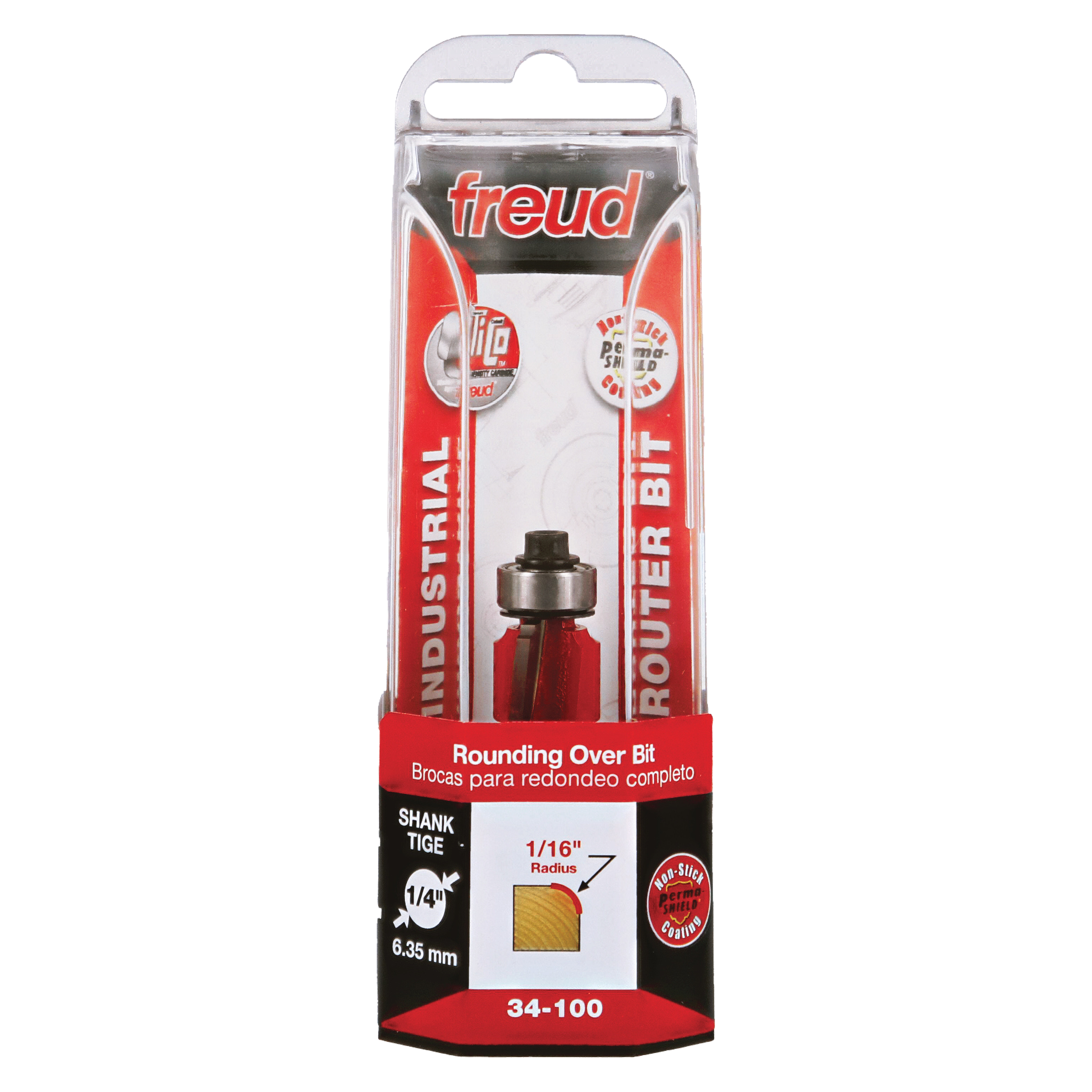 Freud 34-100 rounding over bit with 1/16" radius and 1/4" shank in red and black packaging.