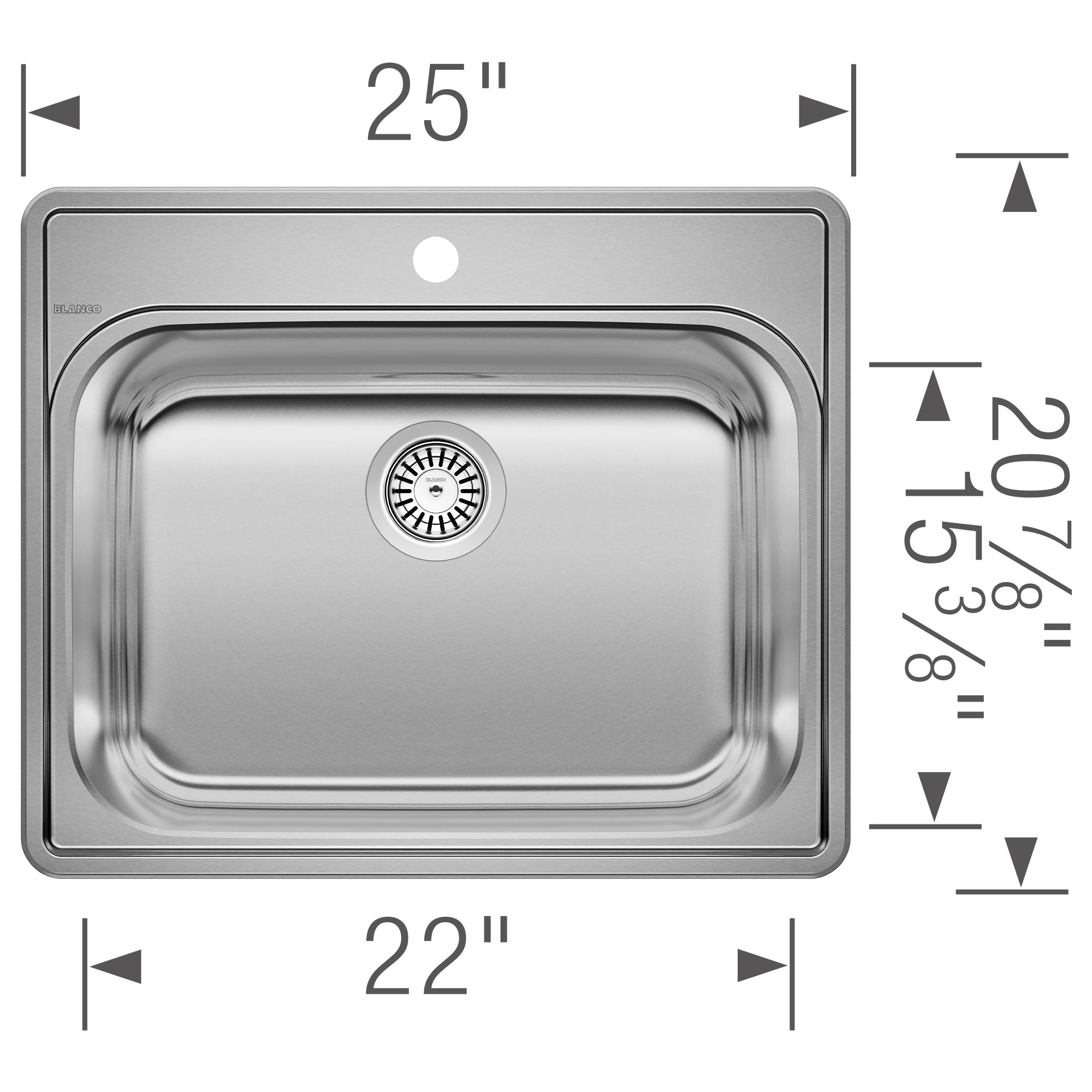 Stainless steel single-basin laundry sink with one pre-drilled hole, measuring 25" wide by 20.7" deep.