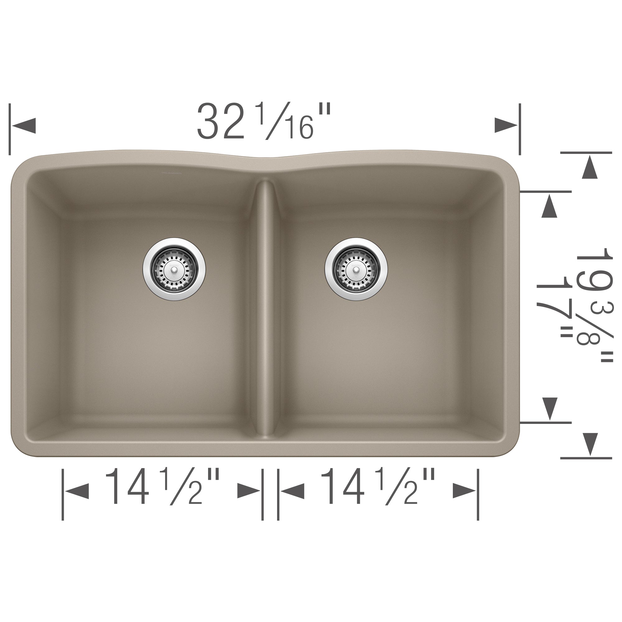 Truffle Silgranit double bowl undermount sink with two equal basins and chrome drain strainers, top view with dimensions.