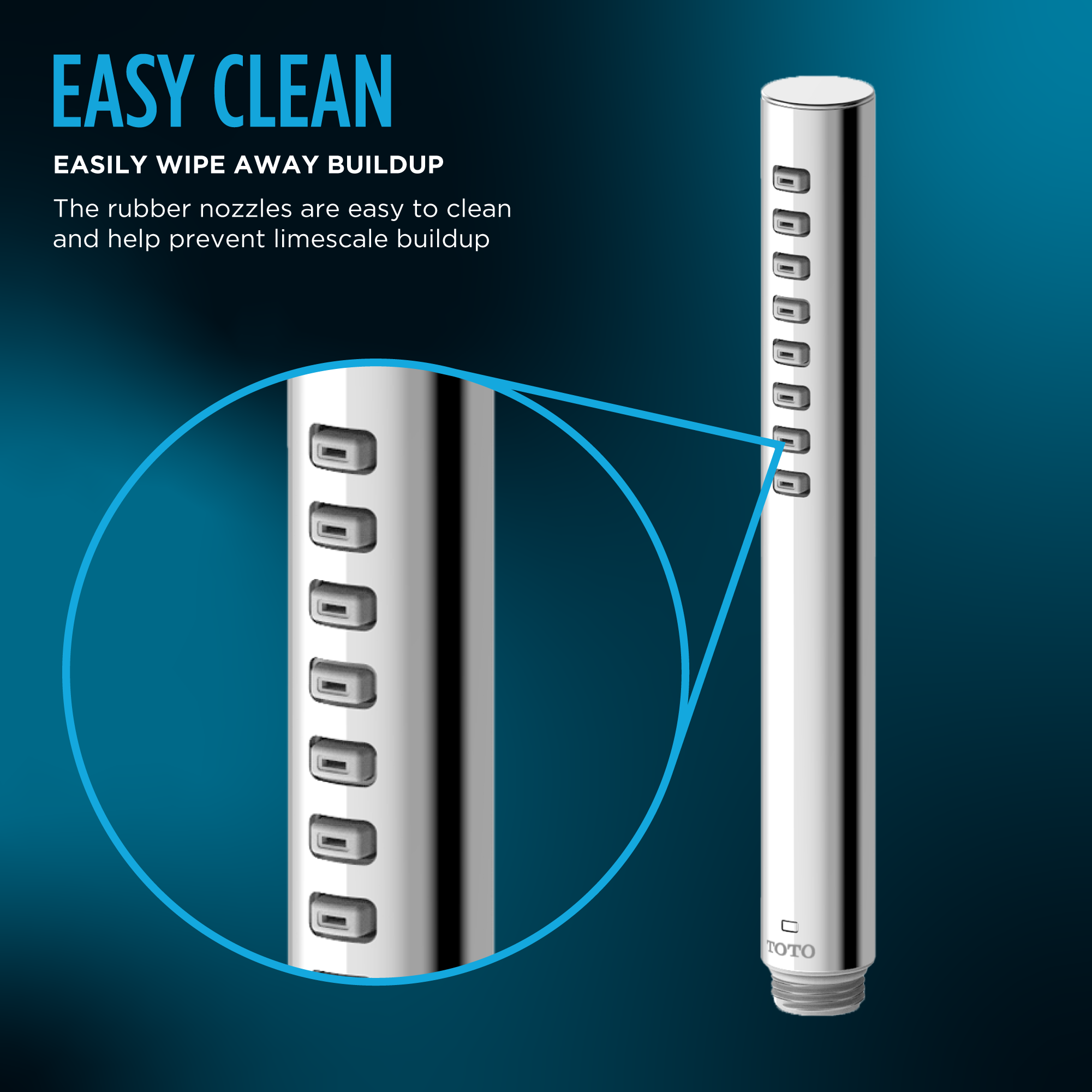 Brushed nickel cylindrical handshower with multiple rubber nozzles arranged vertically along the head.