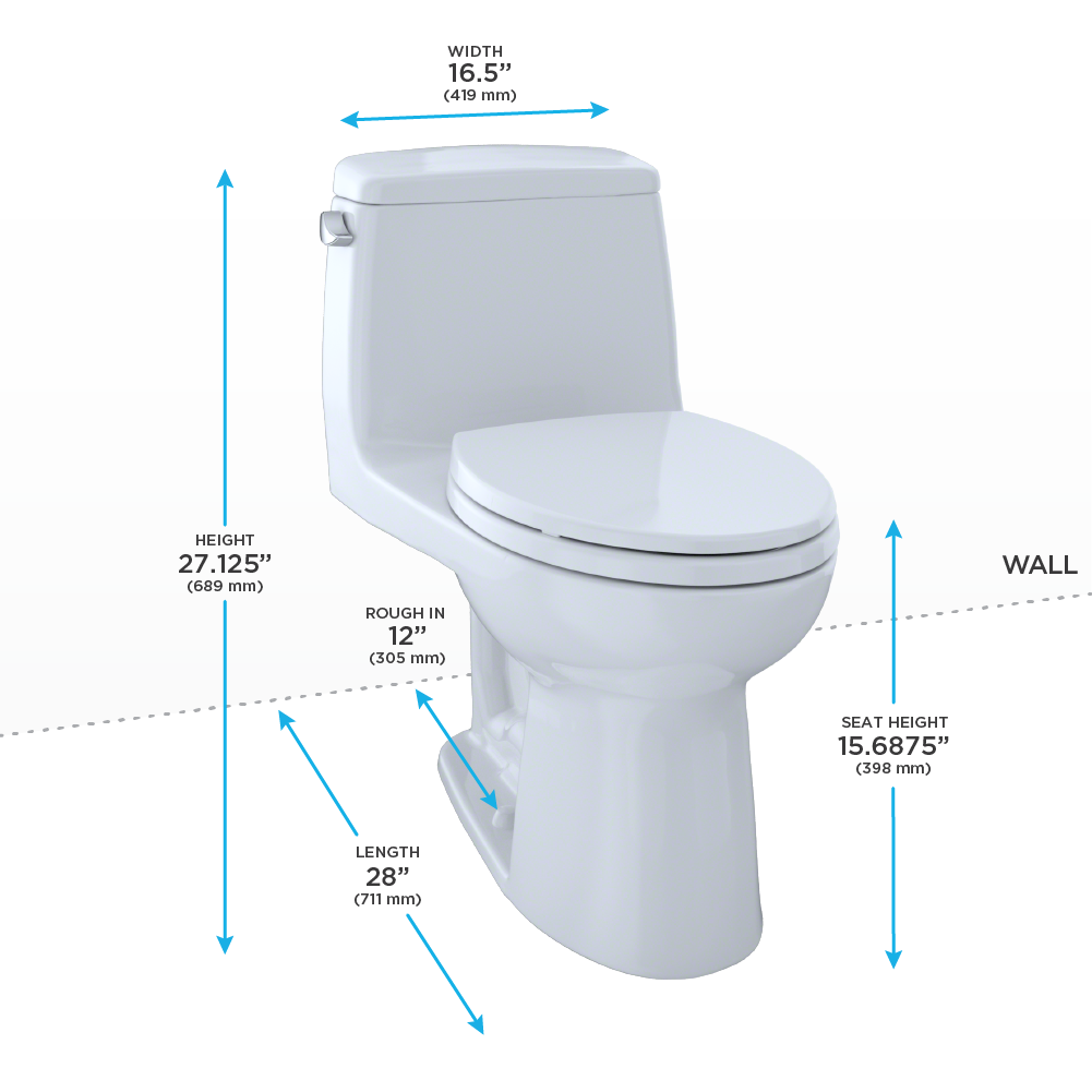 White elongated one-piece toilet with soft-close seat and dimension specifications labeled.