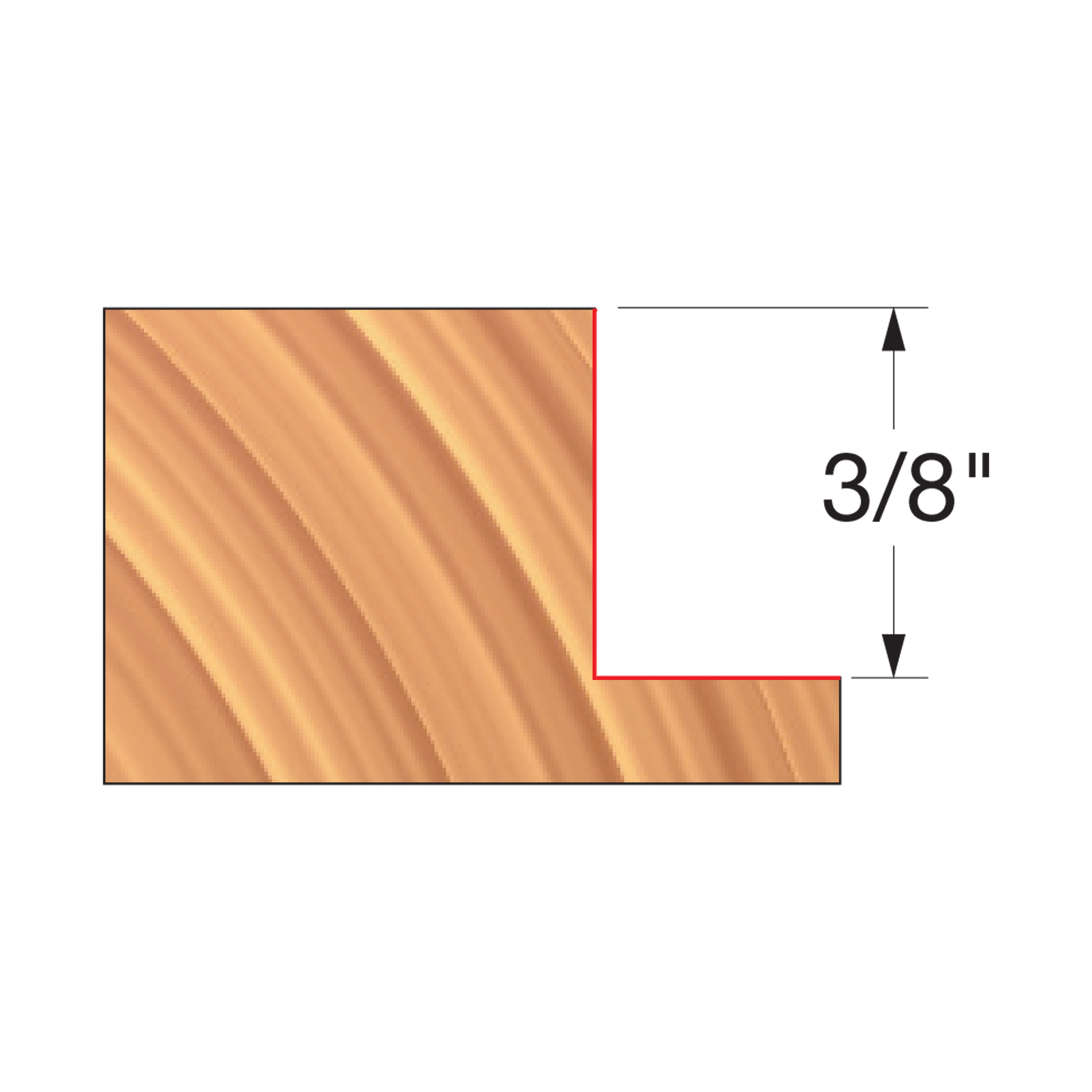 Straight edge router cutter with 3/8" cutting height and wood grain pattern visible on cutting surface.