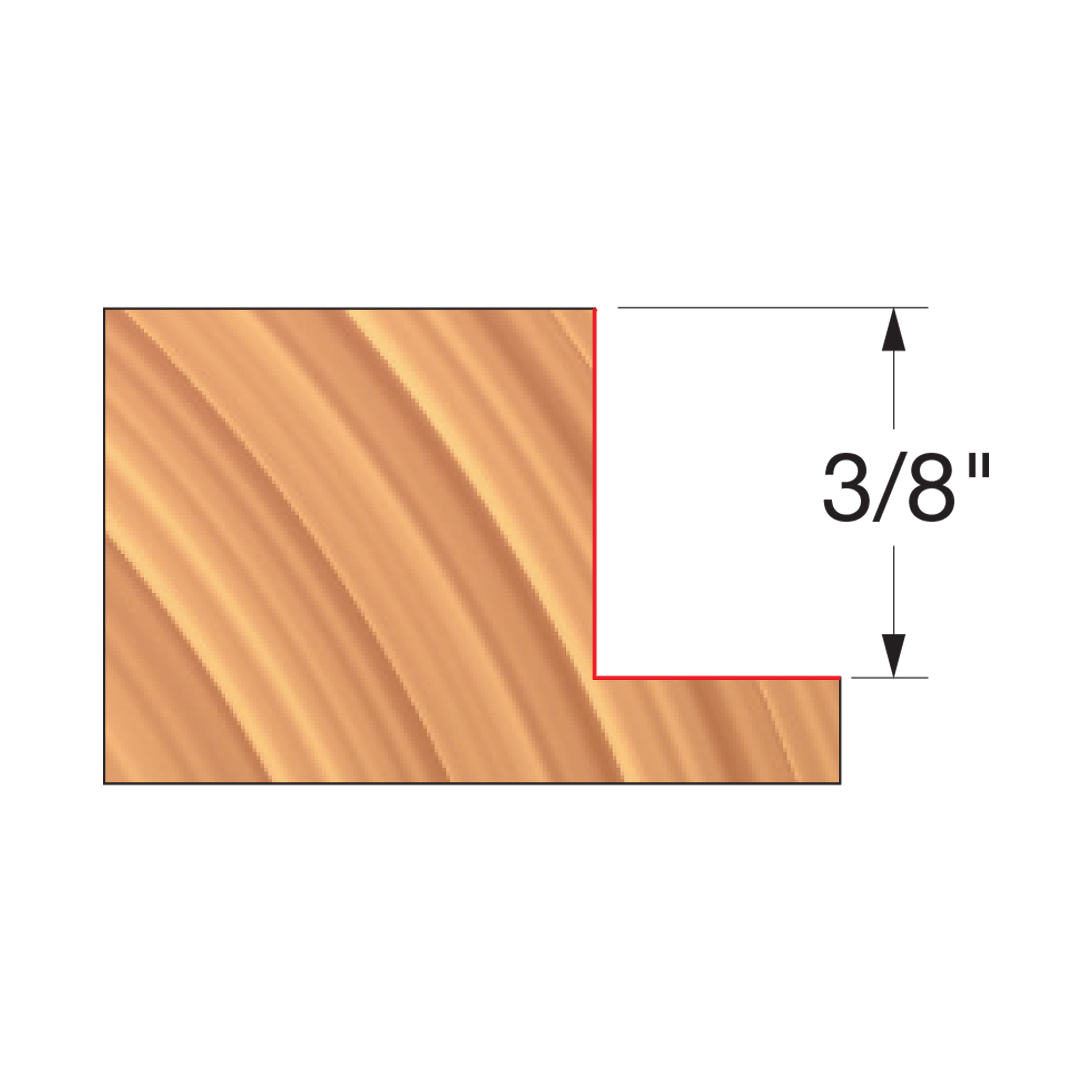 Straight edge router cutter with 3/8" cutting height and wood grain pattern visible on cutting surface.