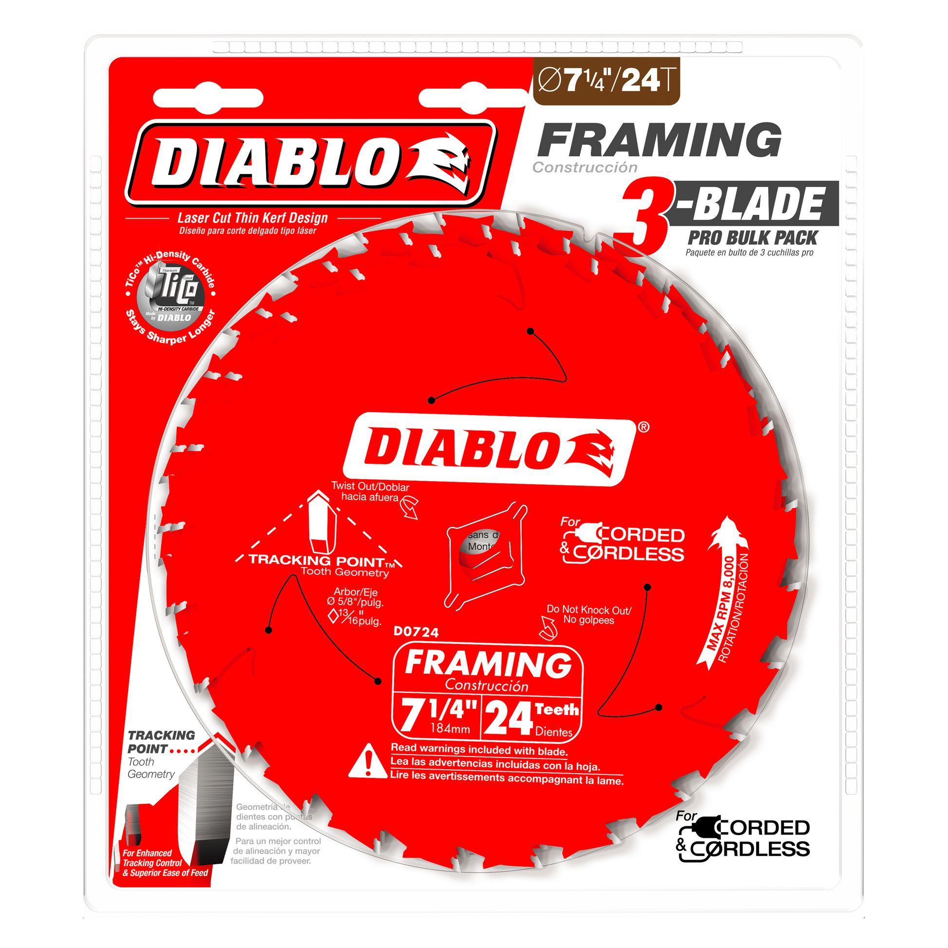 Three Diablo 7-1/4 inch framing saw blades with 24 teeth on red packaging with specifications and usage information.