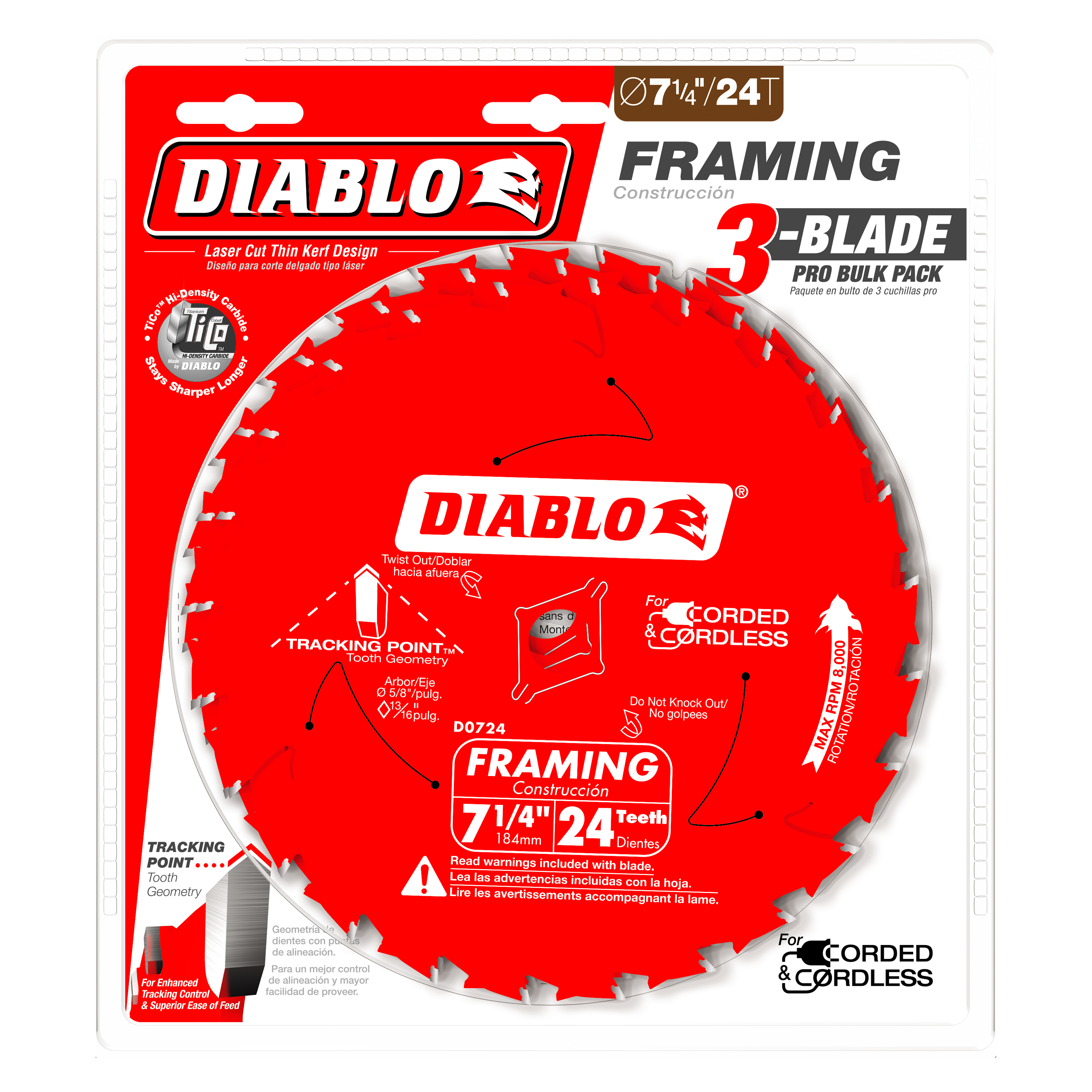 Three Diablo 7-1/4 inch framing saw blades with 24 teeth on red packaging with specifications and usage information.