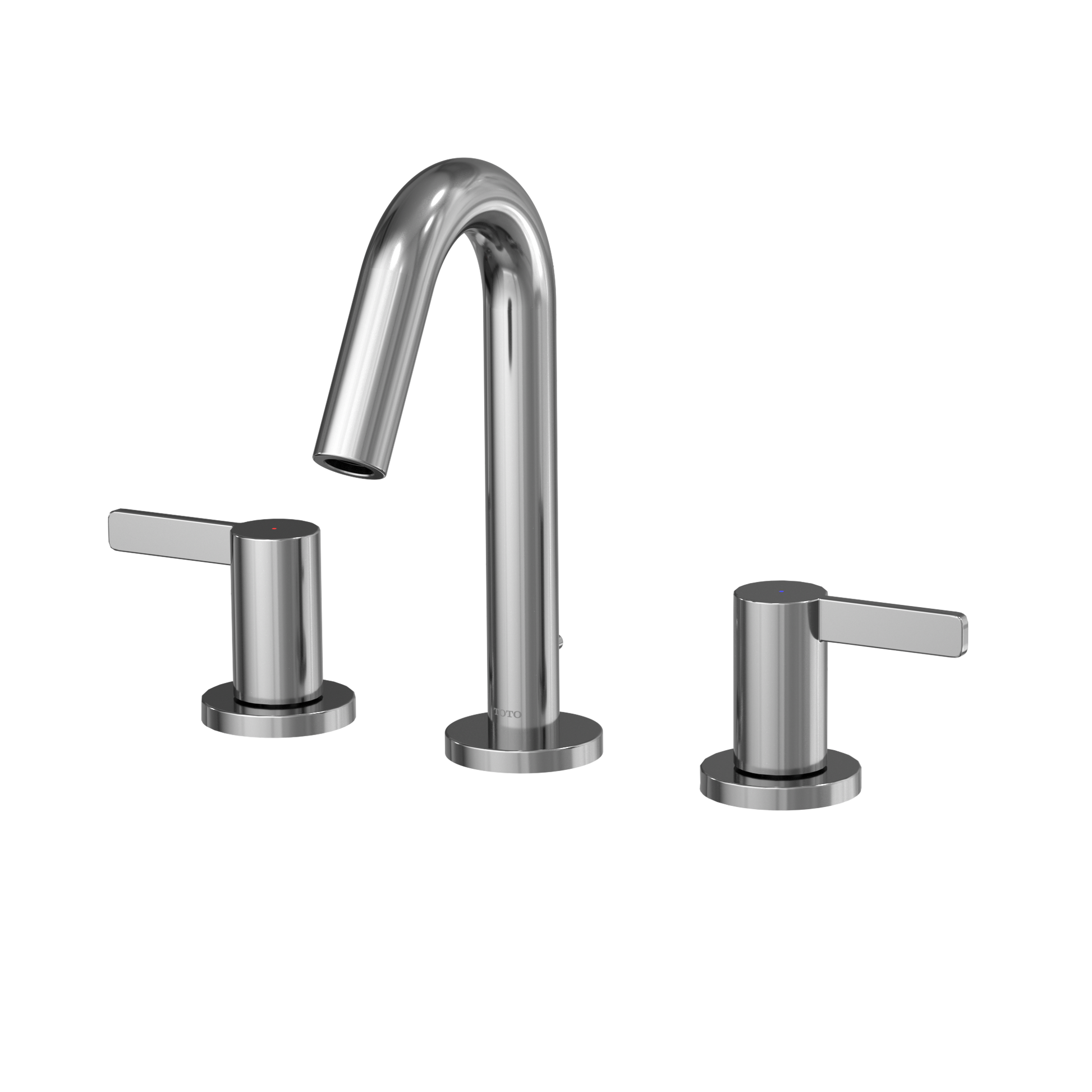 Brushed nickel widespread bathroom faucet with curved spout and two lever handles on circular bases.