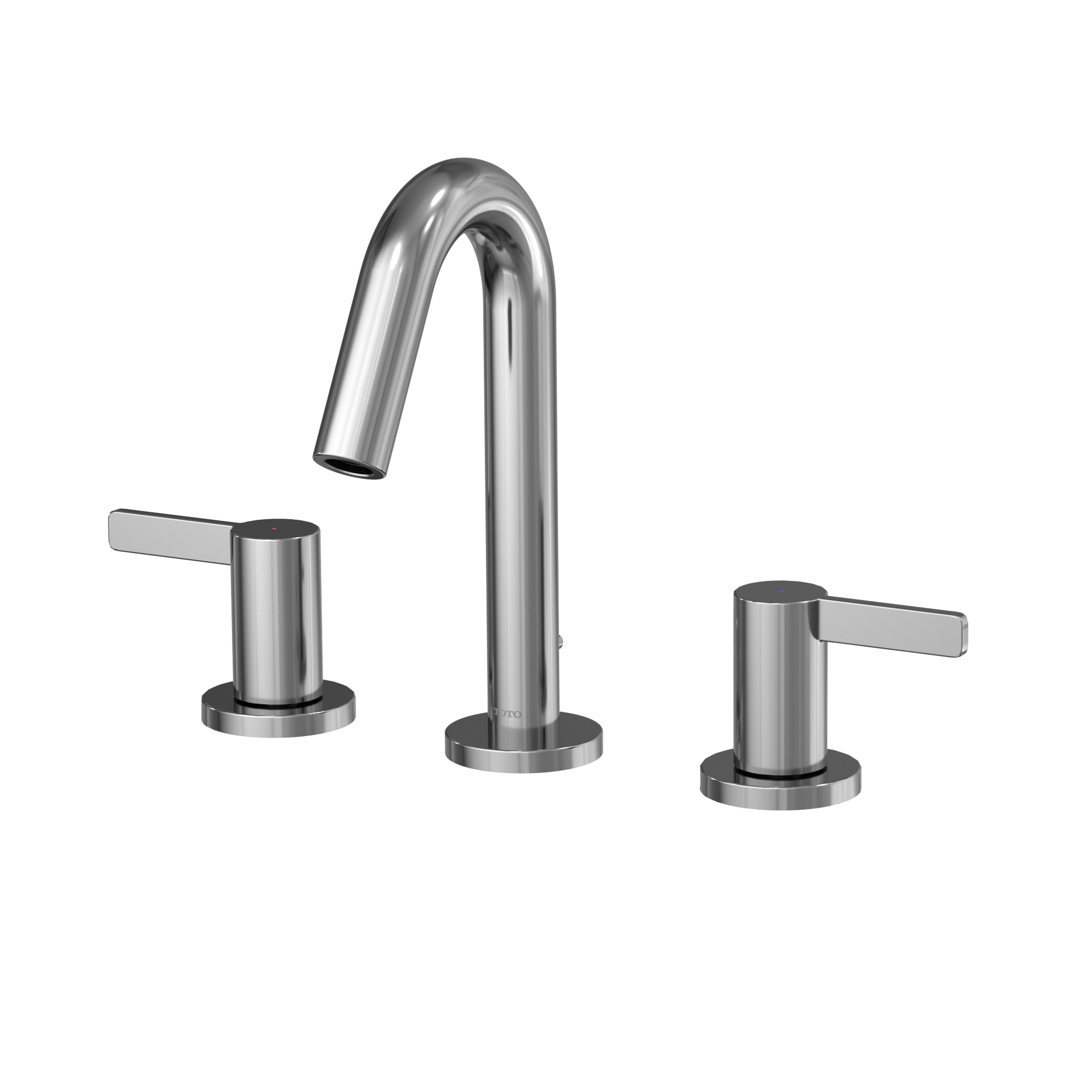 Brushed nickel widespread bathroom faucet with curved spout and two lever handles on circular bases.