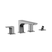 Polished chrome two-handle deck-mount roman tub filler with curved spout and separate handshower.