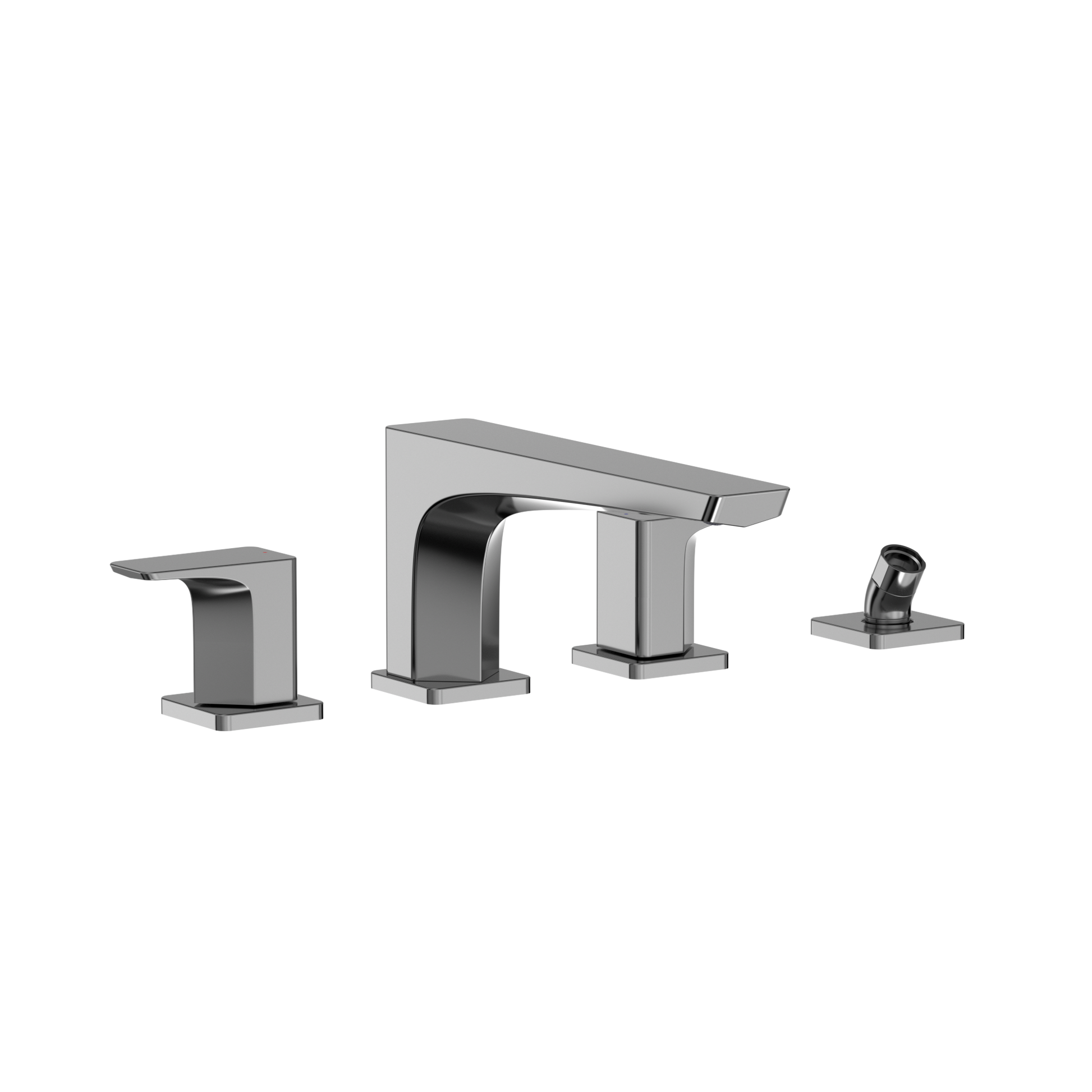 Polished chrome two-handle deck-mount roman tub filler with curved spout and separate handshower.