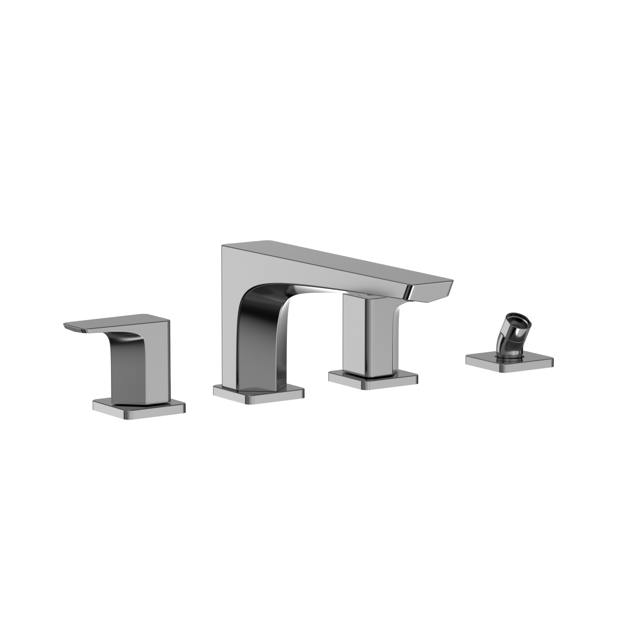 Polished chrome two-handle deck-mount roman tub filler with curved spout and separate handshower.
