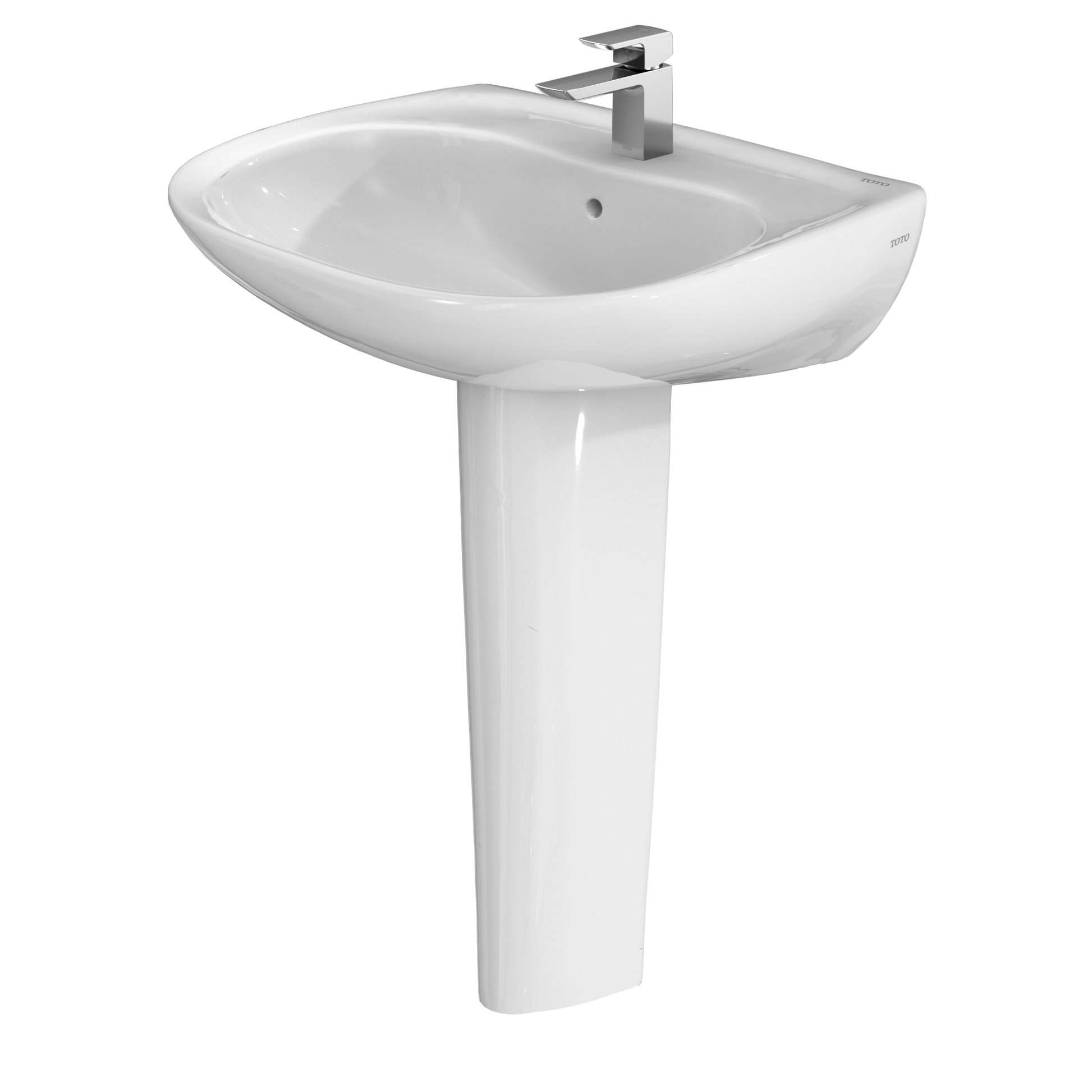 White oval pedestal sink with single-hole faucet mount and chrome faucet.