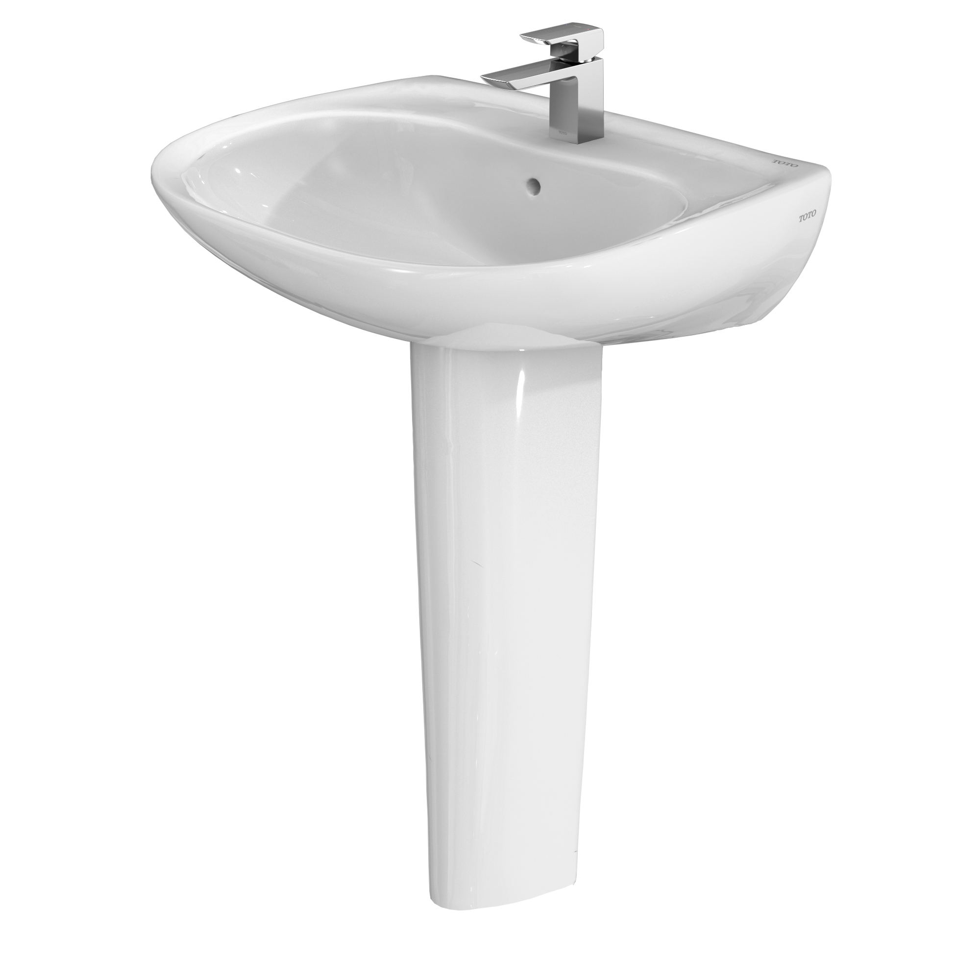 White oval pedestal sink with single-hole faucet mount and chrome faucet.
