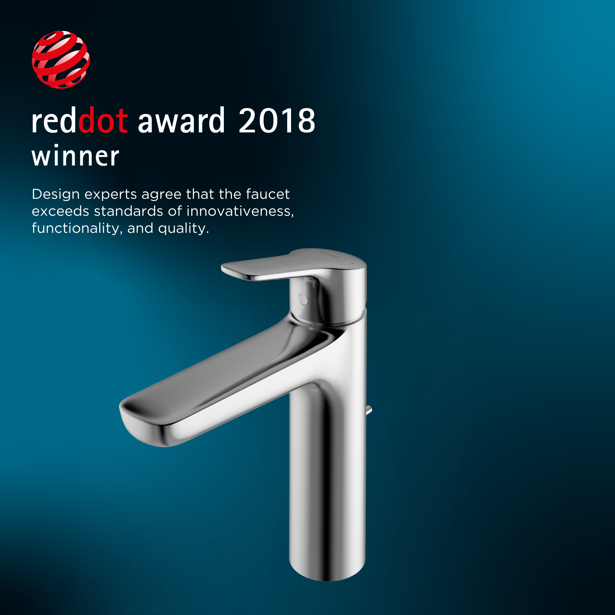 Polished chrome single-handle bathroom sink faucet with curved spout and cylindrical base on teal background.