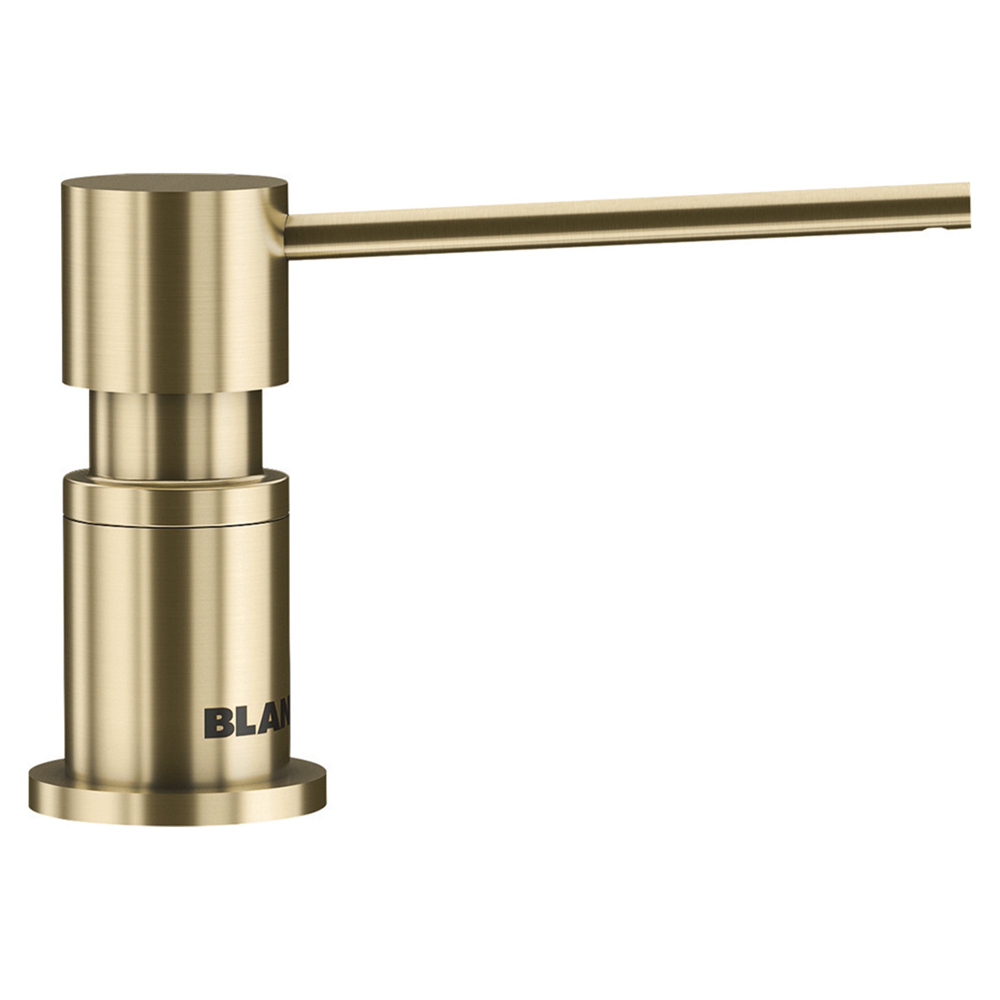Satin gold cylindrical soap dispenser with side-mounted pump lever and circular base.