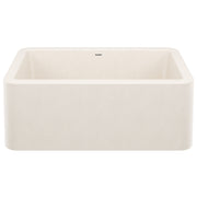 Soft white single bowl apron front kitchen sink with rounded corners and Blanco branding visible.