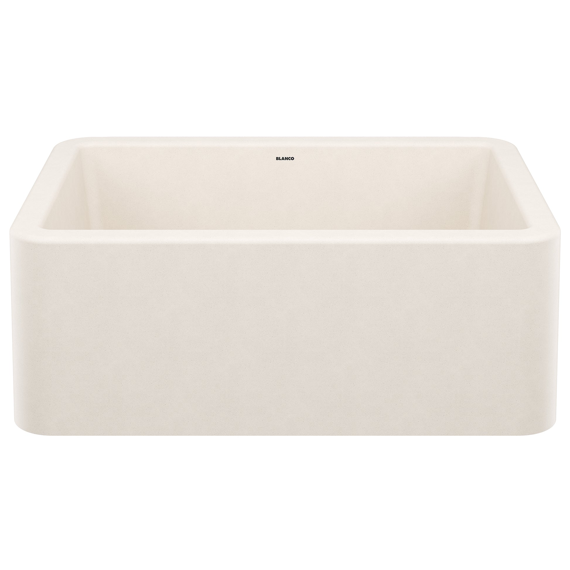 Soft white single bowl apron front kitchen sink with rounded corners and Blanco branding visible.