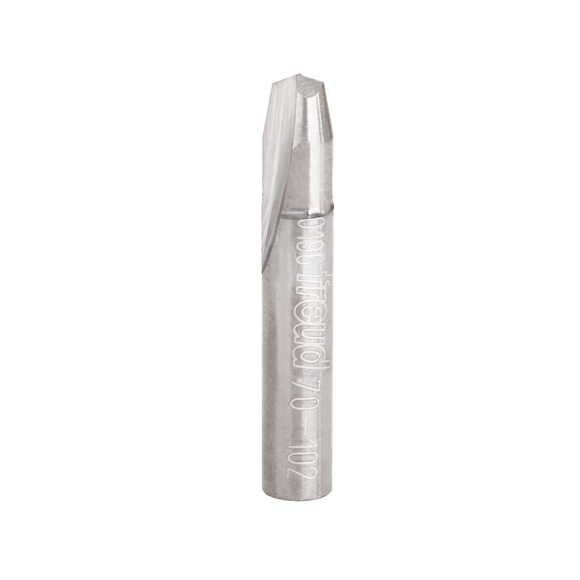 Stainless steel V-shaped router bit with cylindrical shank and engraved Freud branding along the body.