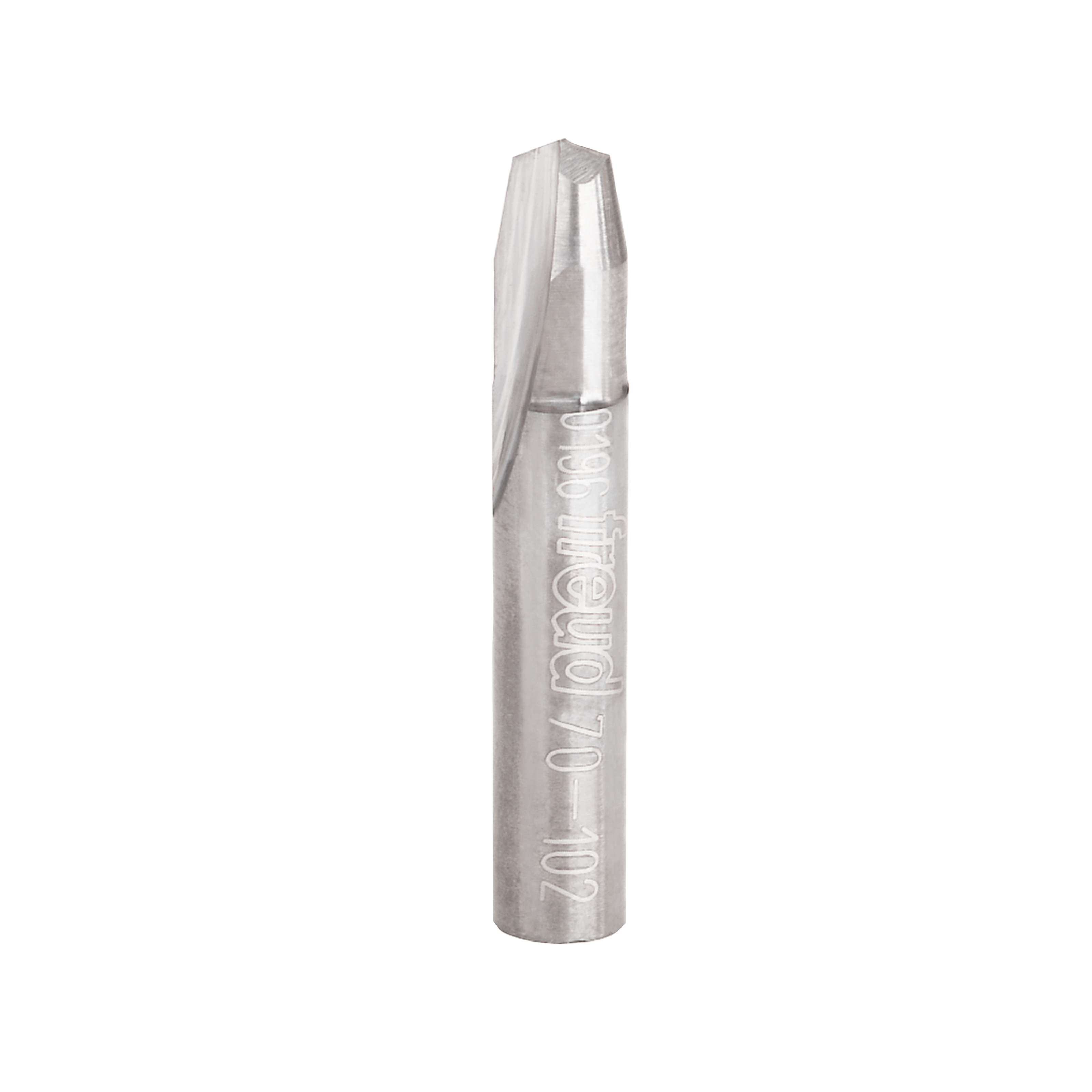 Stainless steel V-shaped router bit with cylindrical shank and engraved Freud branding along the body.