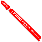 Red bi-metal T-shank jig saw blade with 30 TPI teeth and text markings on the body.