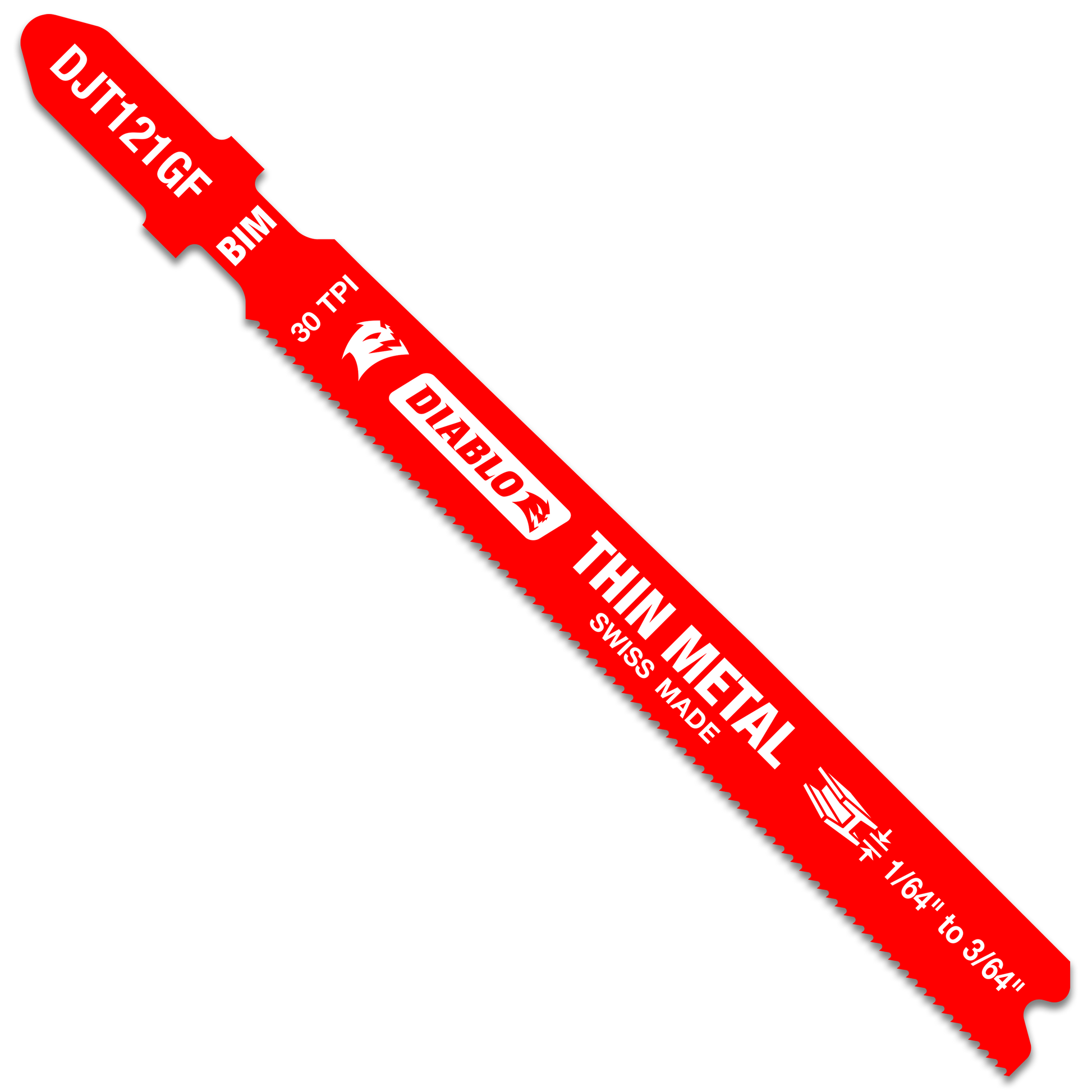 Red bi-metal T-shank jig saw blade with 30 TPI teeth and text markings on the body.
