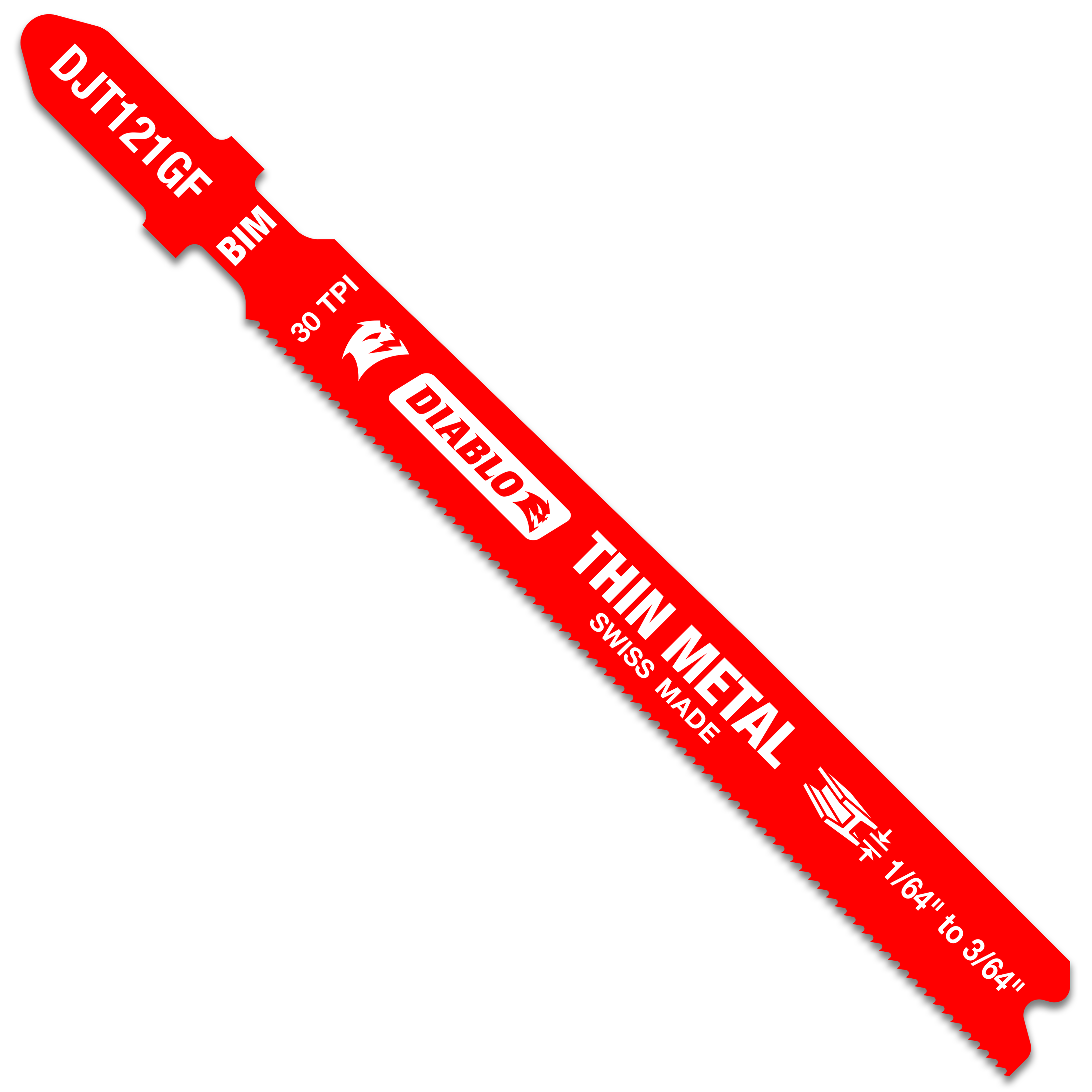 Red bi-metal T-shank jig saw blade with 30 TPI teeth and text markings on the body.