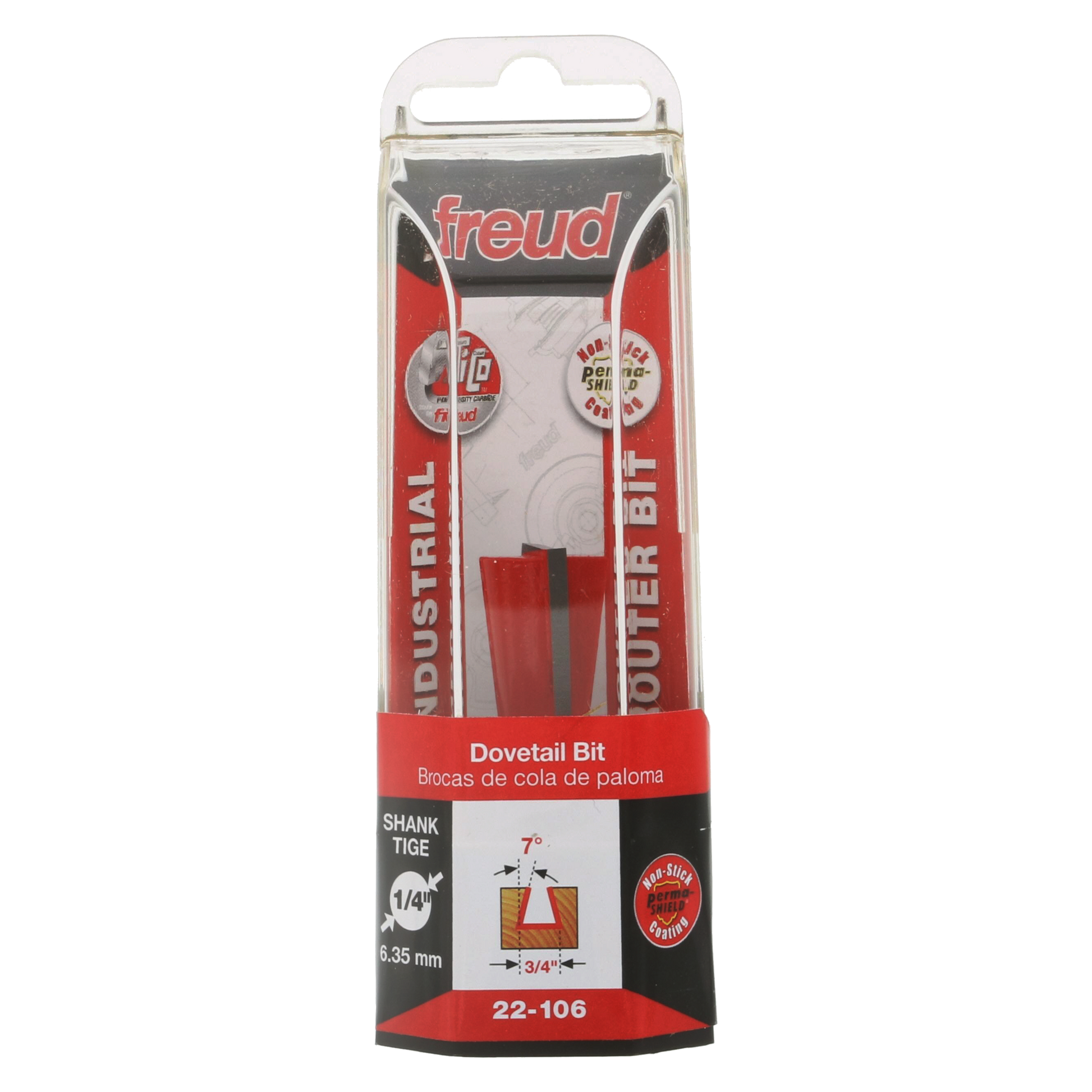 Freud 22-106 dovetail bit with 3/4" diameter, 1/4" shank, in red and black packaging.