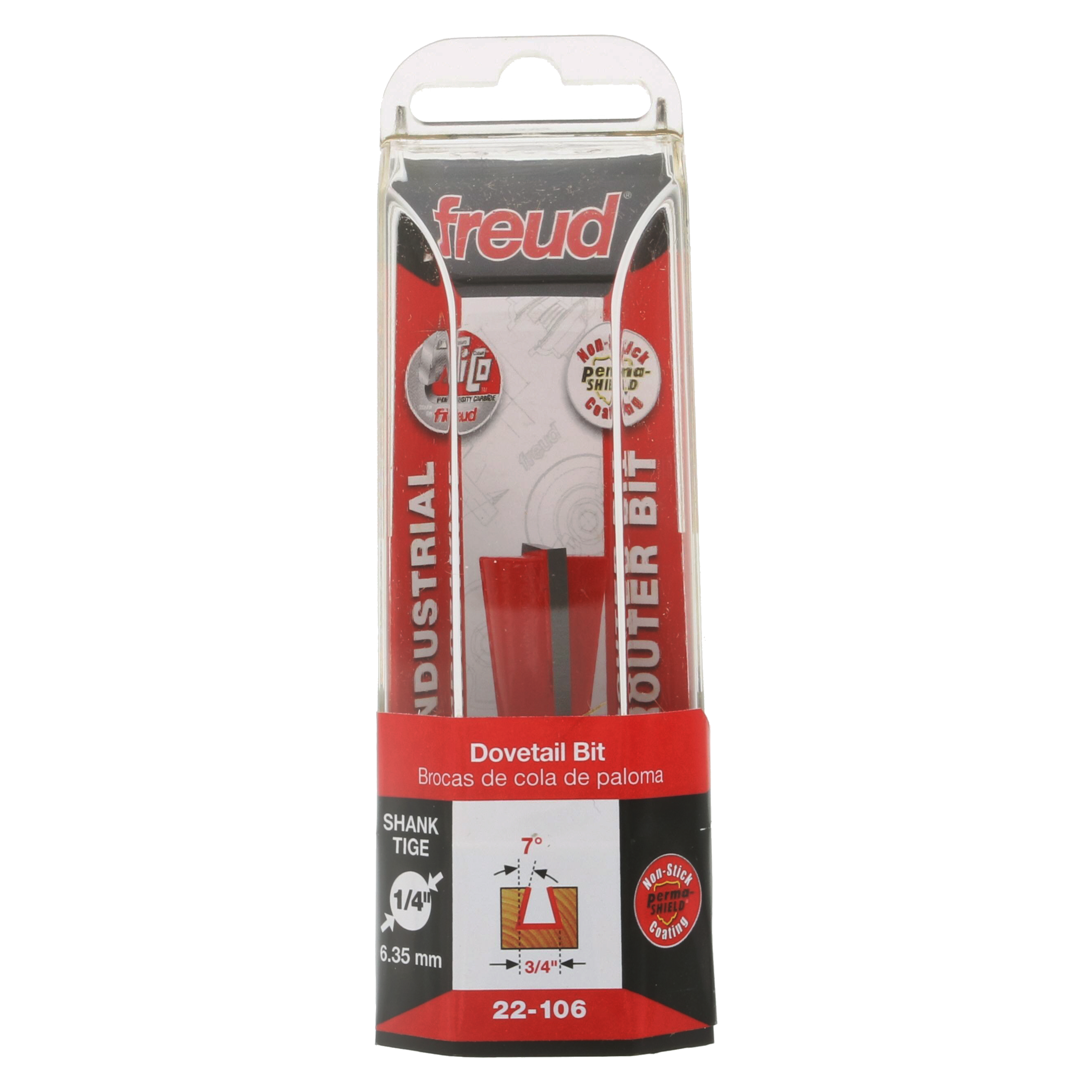 Freud 22-106 dovetail bit with 3/4" diameter, 1/4" shank, in red and black packaging.