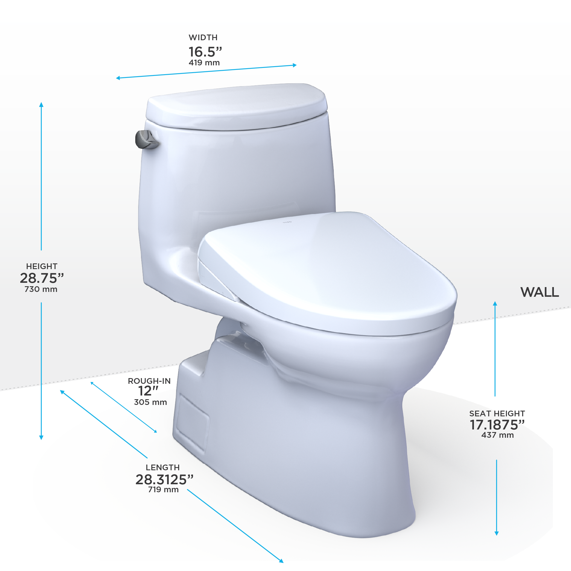 Toto Carlyle II One Piece Elongated Universal Height Toilet with CEFIONTECT 1.28 GPF with Contemporary Washlet+ S7 Bidet Seat in Cotton White