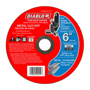Red circular metal cut-off disc with black center hole, labeled Diablo thin kerf design, 6 inch diameter.