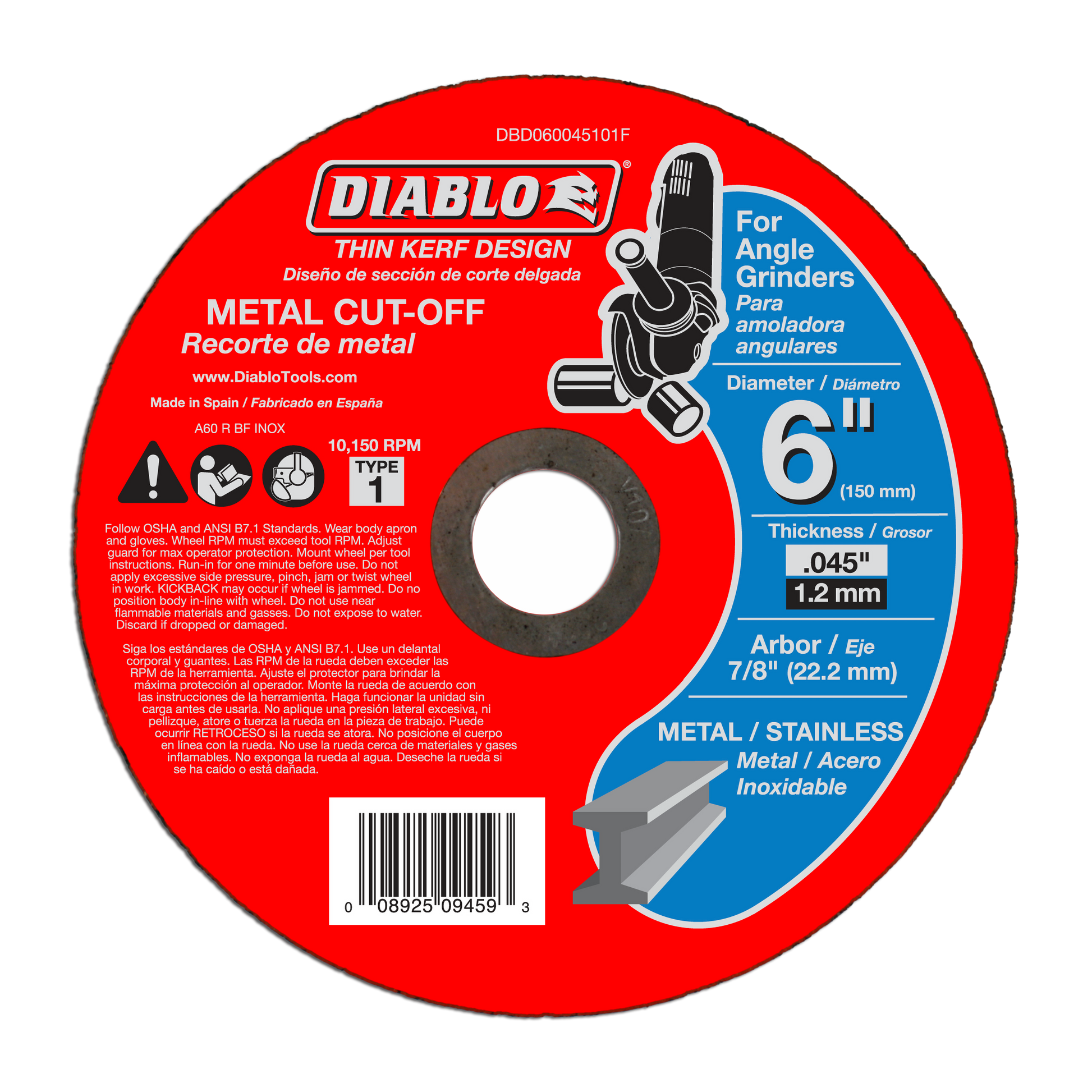 Red circular metal cut-off disc with black center hole, labeled Diablo thin kerf design, 6 inch diameter.