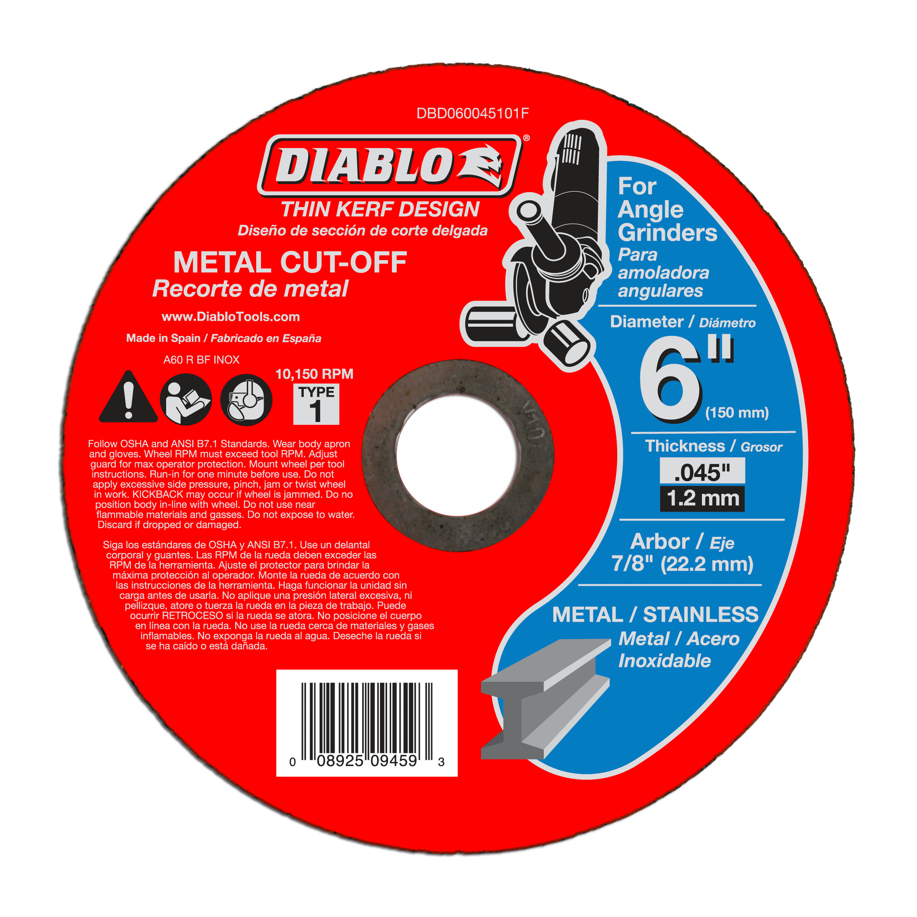 Red circular metal cut-off disc with black center hole, labeled Diablo thin kerf design, 6 inch diameter.