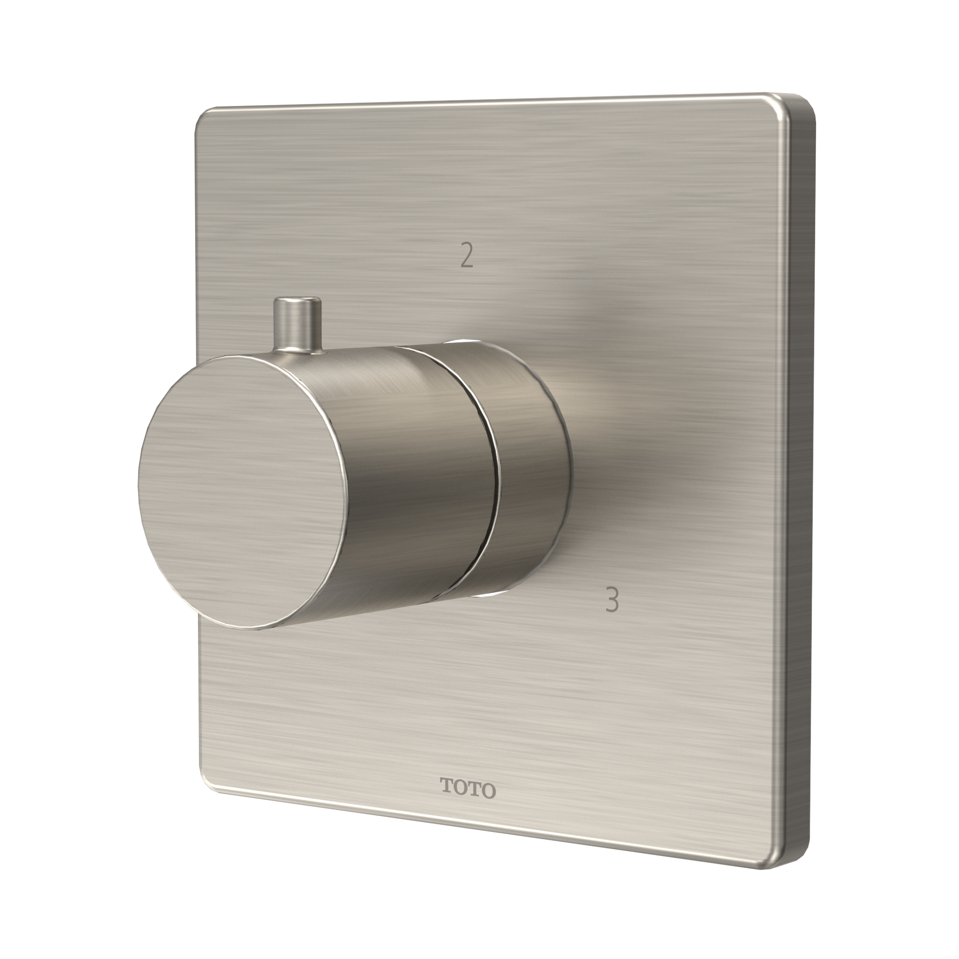 Brushed nickel square shower diverter trim with round handle and three outlet ports mounted on rectangular plate.