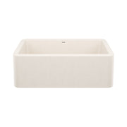 Soft white apron-front single bowl kitchen sink with rectangular basin and rounded corners.