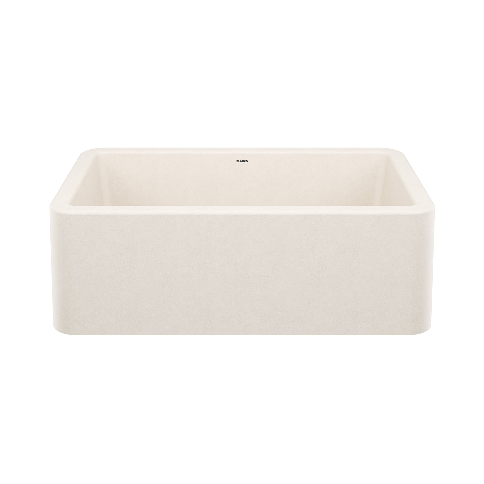 Soft white apron-front single bowl kitchen sink with rectangular basin and rounded corners.