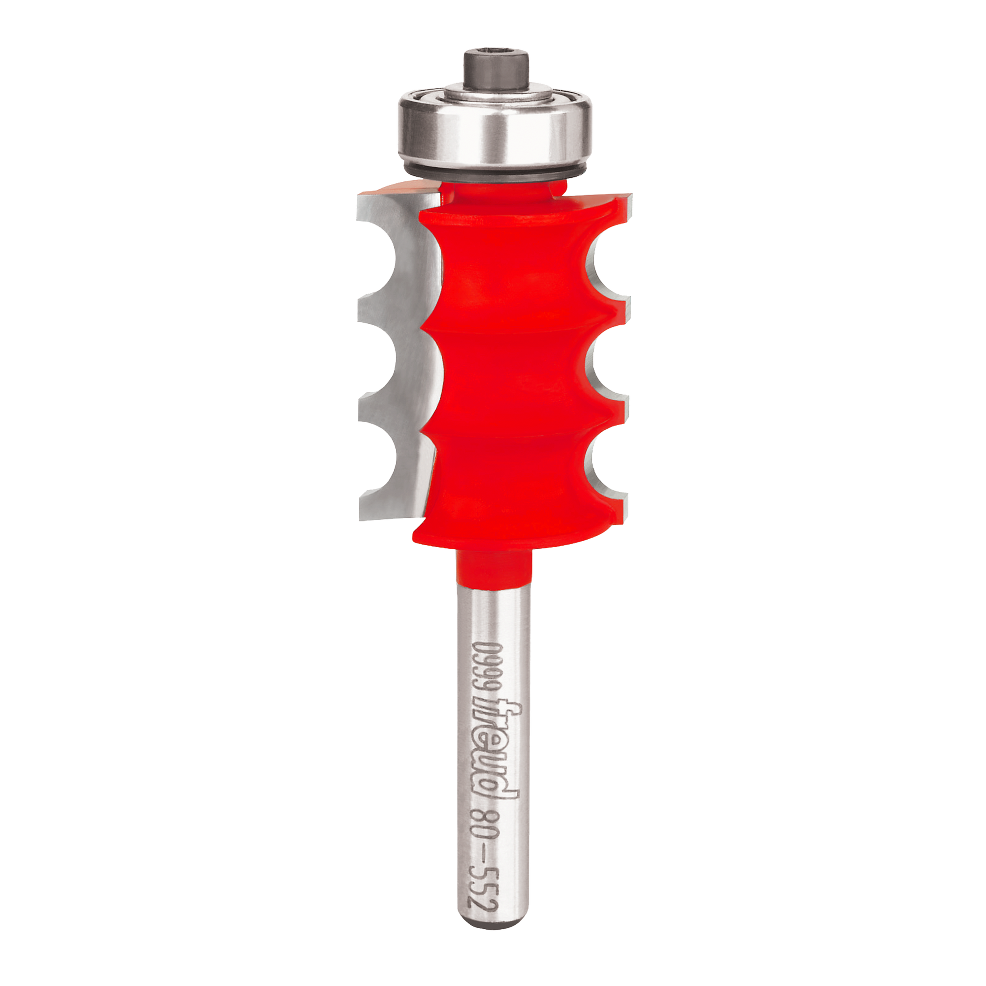 Freud 80-552 router bit with red body, metal bearing and shaft, featuring three rounded cutting edges.