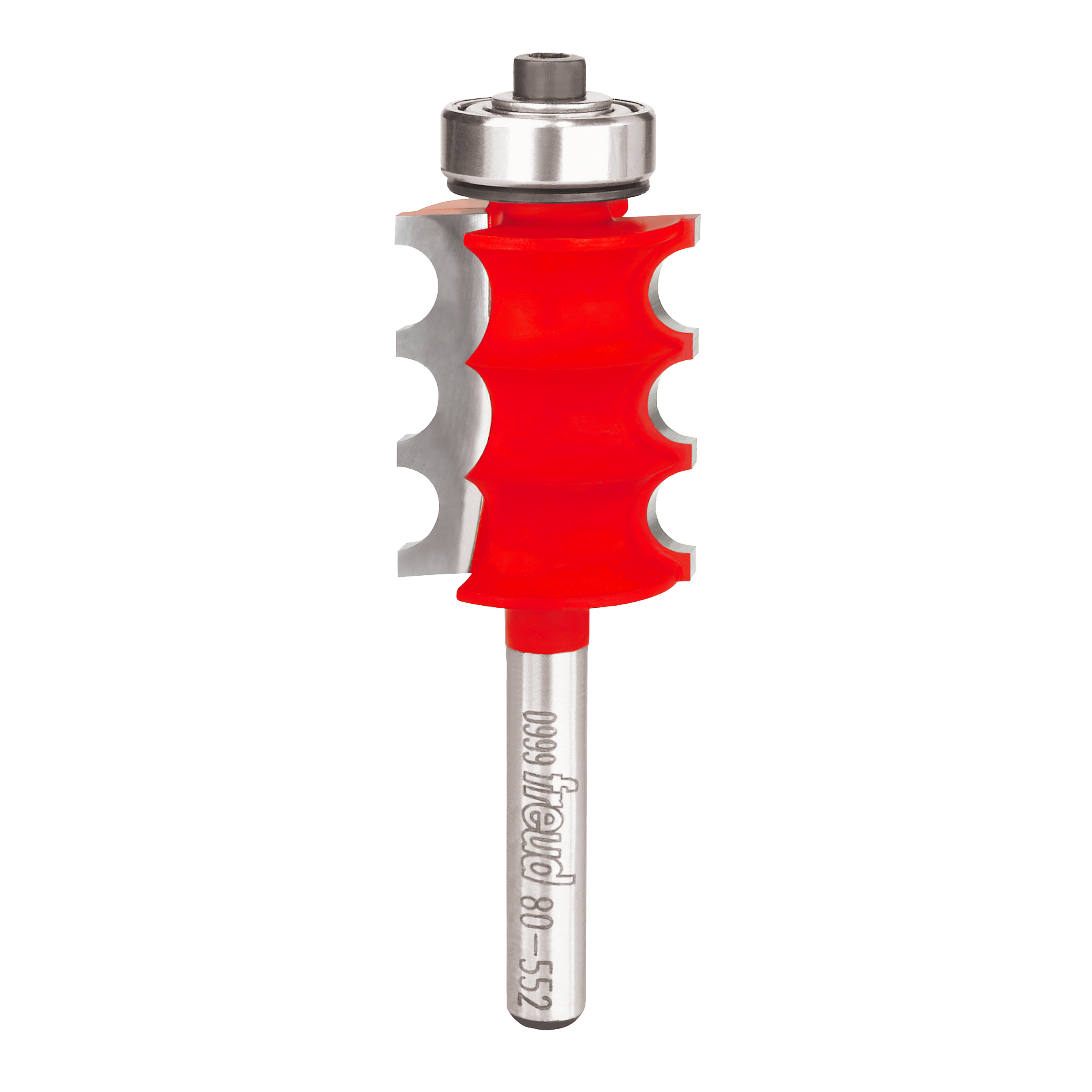 Freud 80-552 router bit with red body, metal bearing and shaft, featuring three rounded cutting edges.