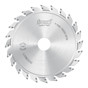 Freud 120mm split scoring saw blade with multiple carbide teeth and center bore, marked with specifications and made in Italy