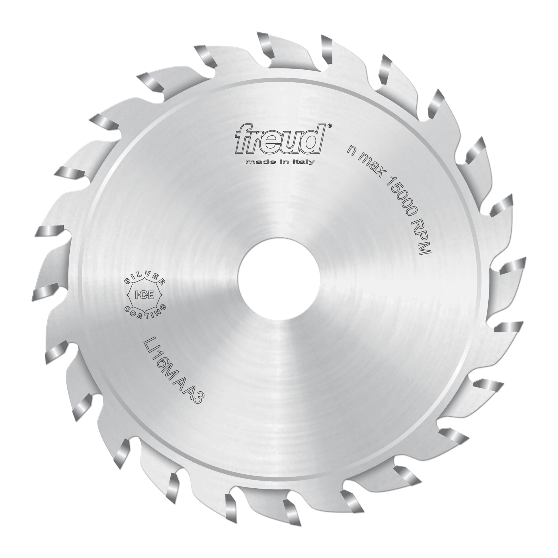Freud 120mm split scoring saw blade with multiple carbide teeth and center bore, marked with specifications and made in Italy
