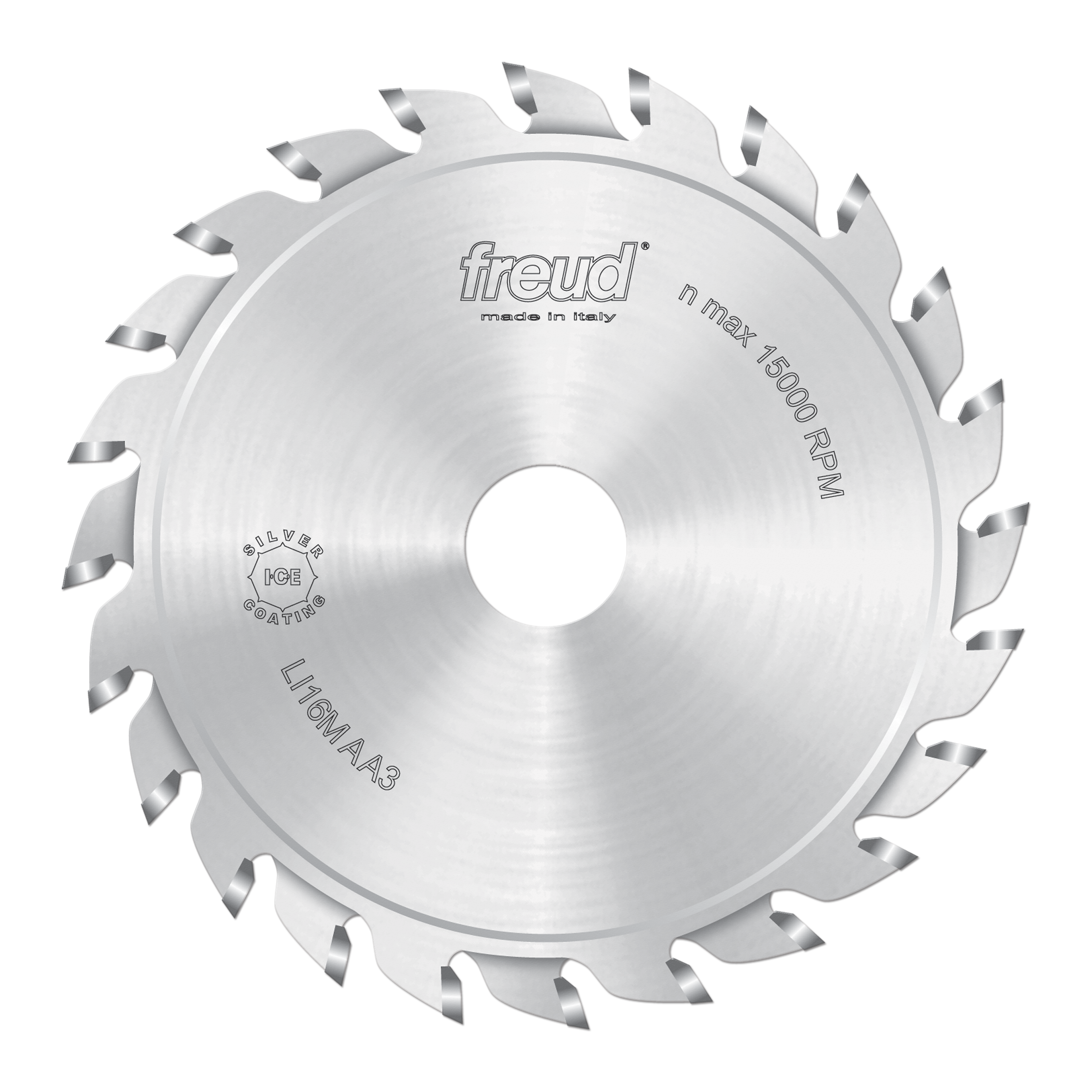Freud 120mm split scoring saw blade with multiple carbide teeth and center bore, marked with specifications and made in Italy