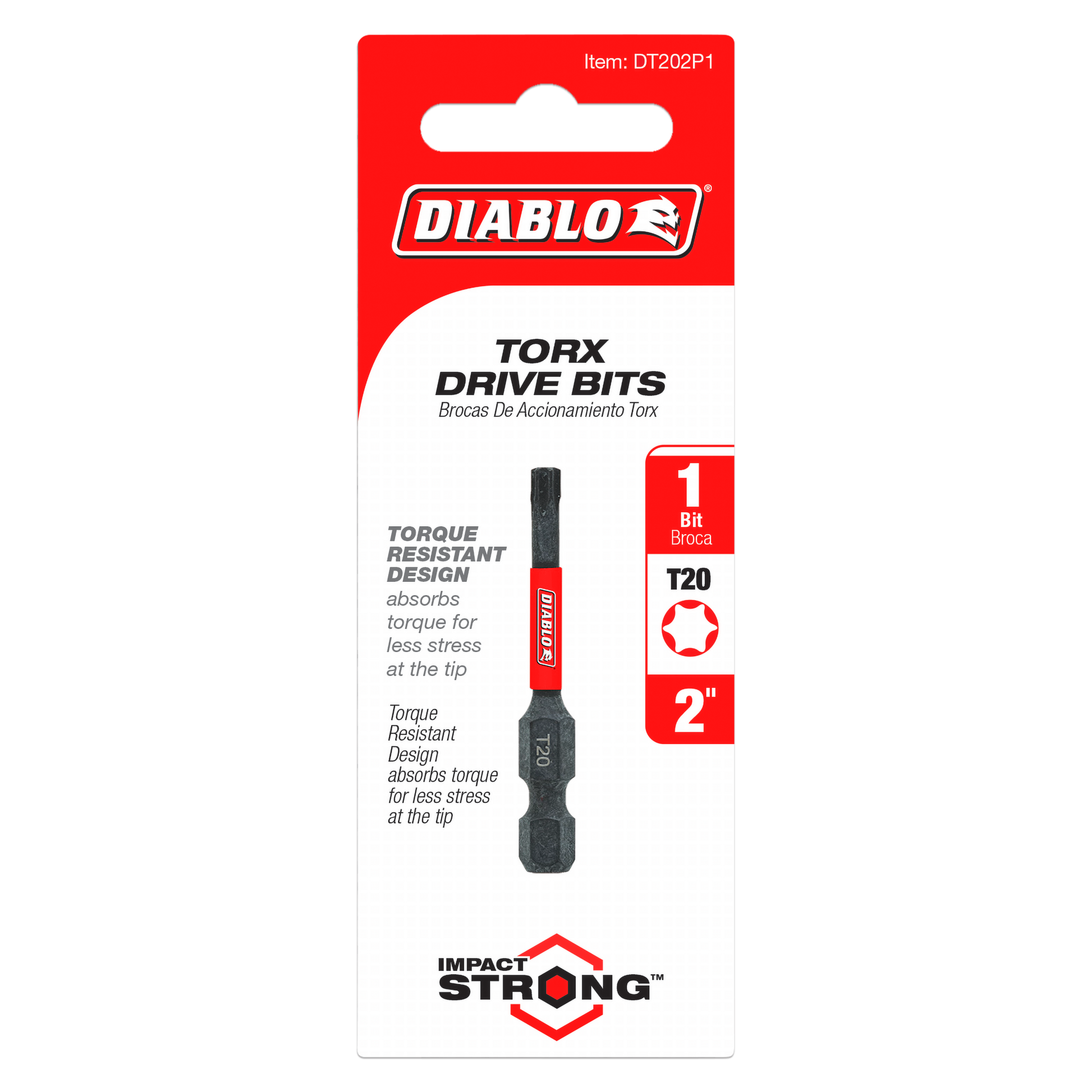 Diablo T20 Torx drive bit, 2 inches long, with red and black handle on retail packaging.