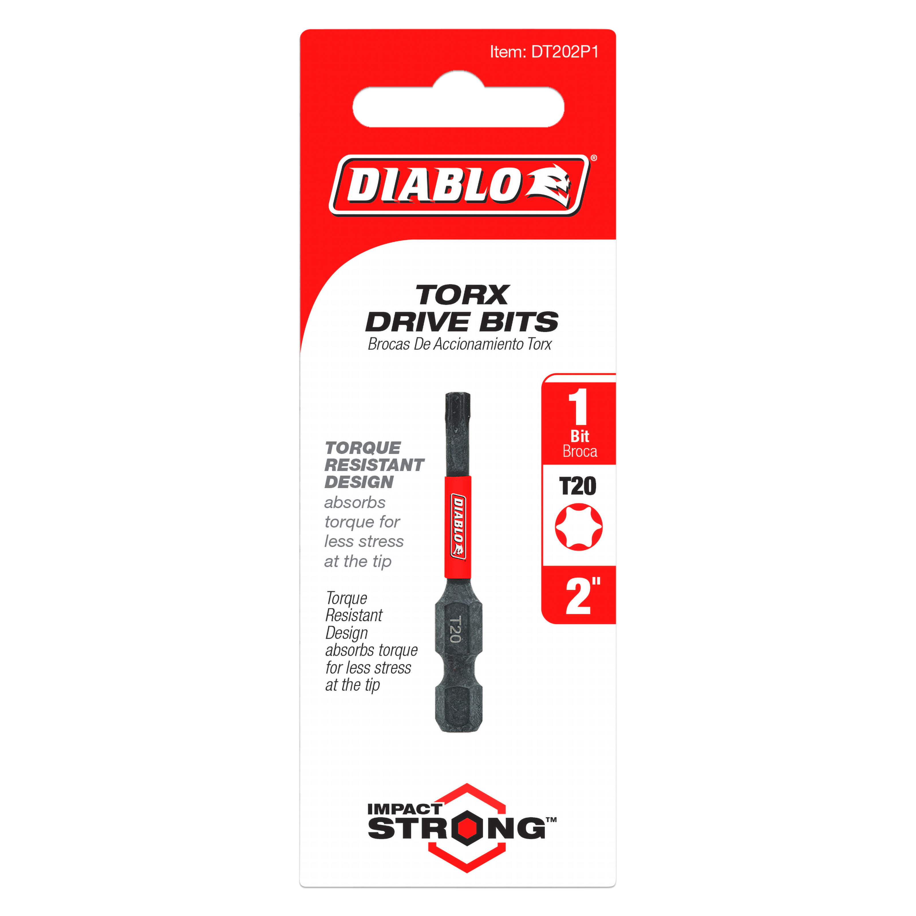 Diablo T20 Torx drive bit, 2 inches long, with red and black handle on retail packaging.