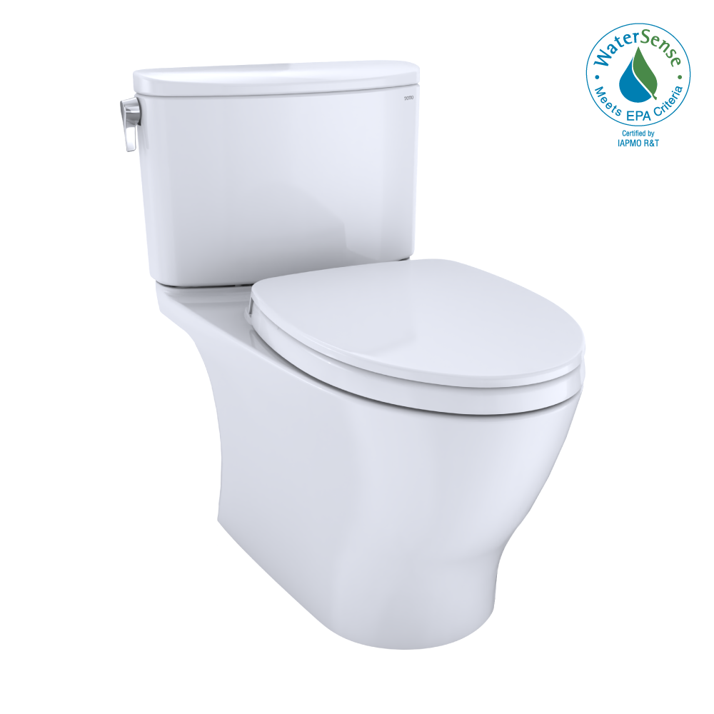 White two-piece elongated toilet with soft-close seat and separate tank, shown from side angle.