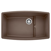 Cafe brown undermount kitchen sink with two basins and chrome drain strainer, viewed from above.
