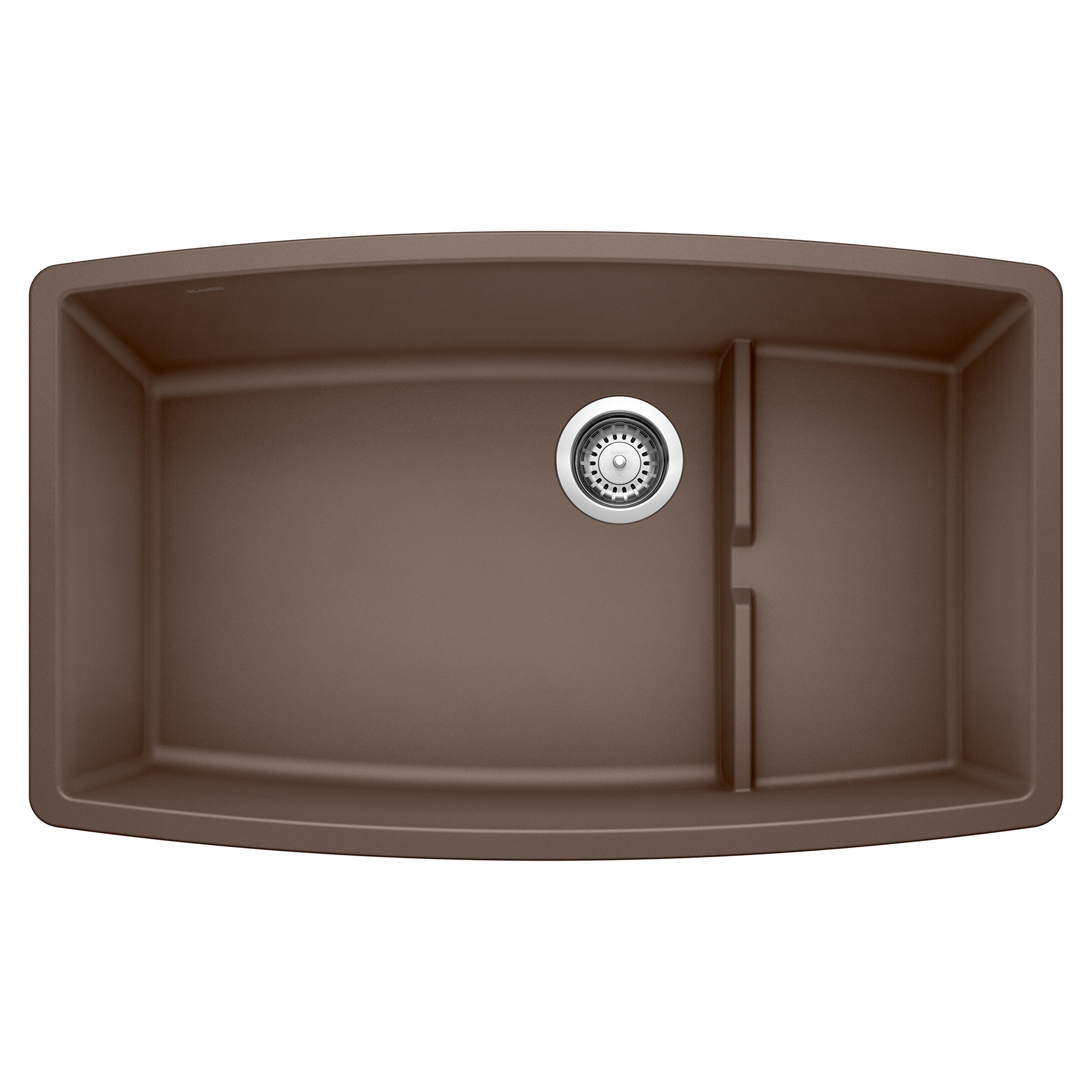 Cafe brown undermount kitchen sink with two basins and chrome drain strainer, viewed from above.