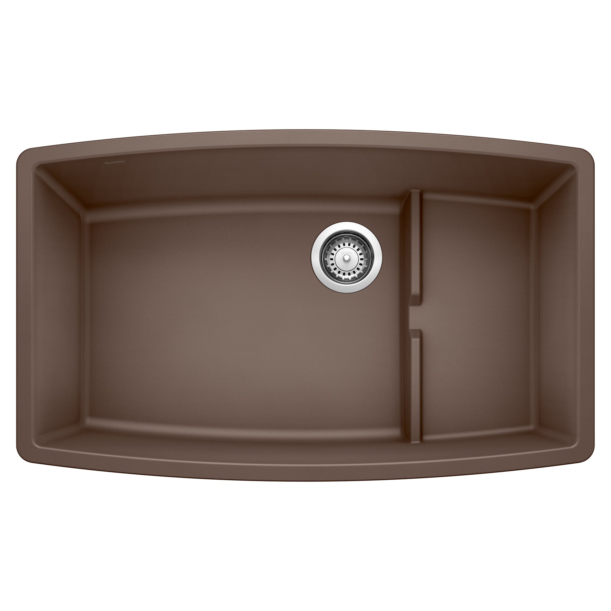Cafe brown undermount kitchen sink with two basins and chrome drain strainer, viewed from above.