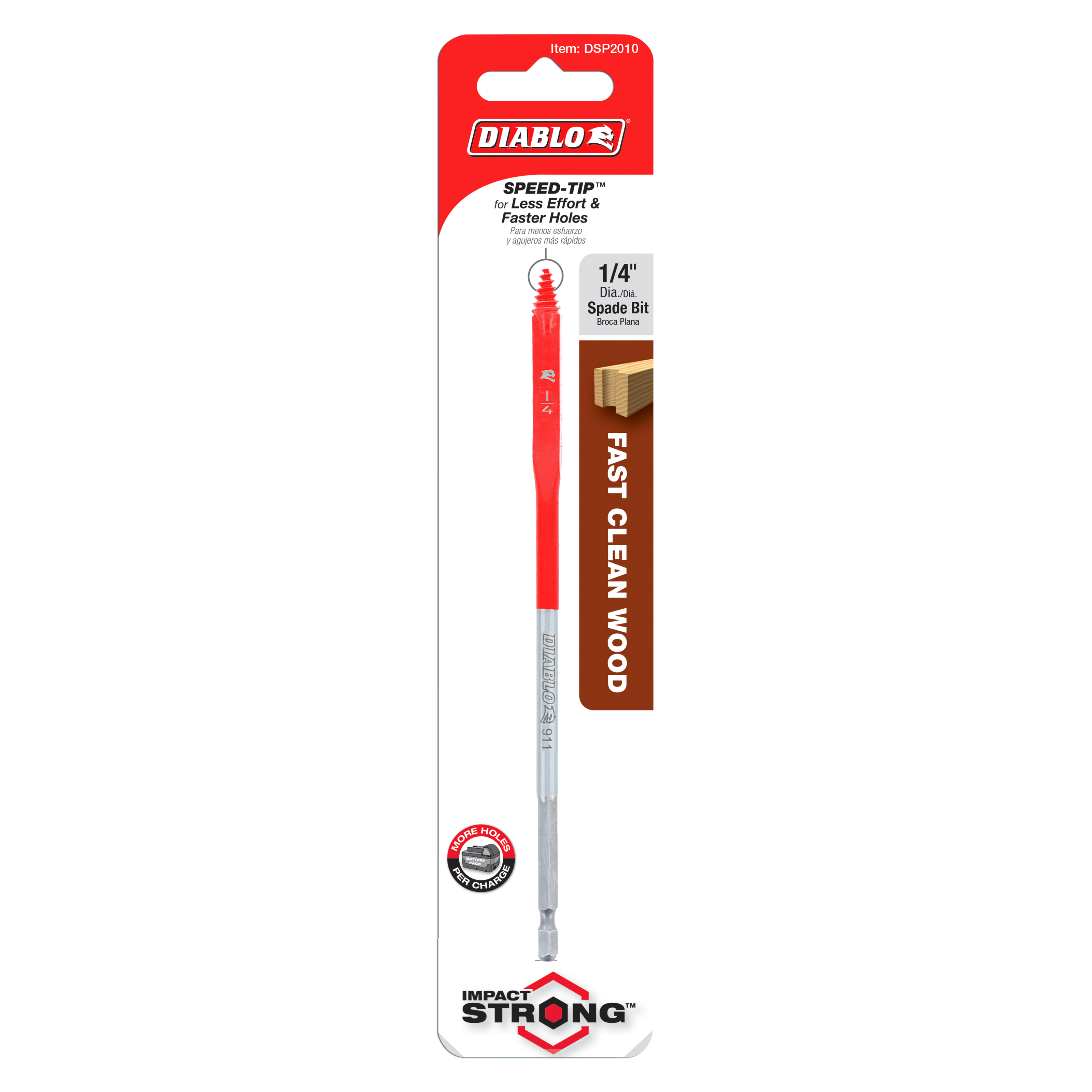 Red and gray Diablo 1/4 inch spade bit with Speed-Tip design on packaging card.