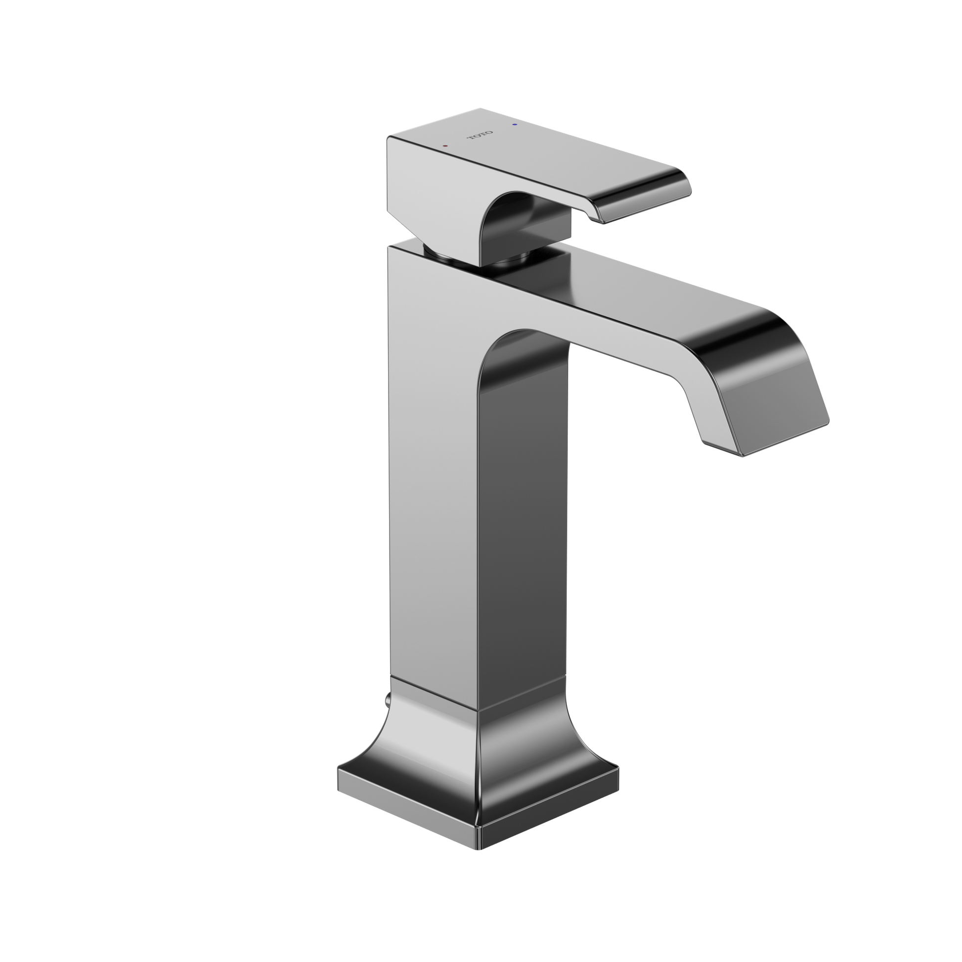 Polished chrome single-handle bathroom sink faucet with tall squared base and curved spout.